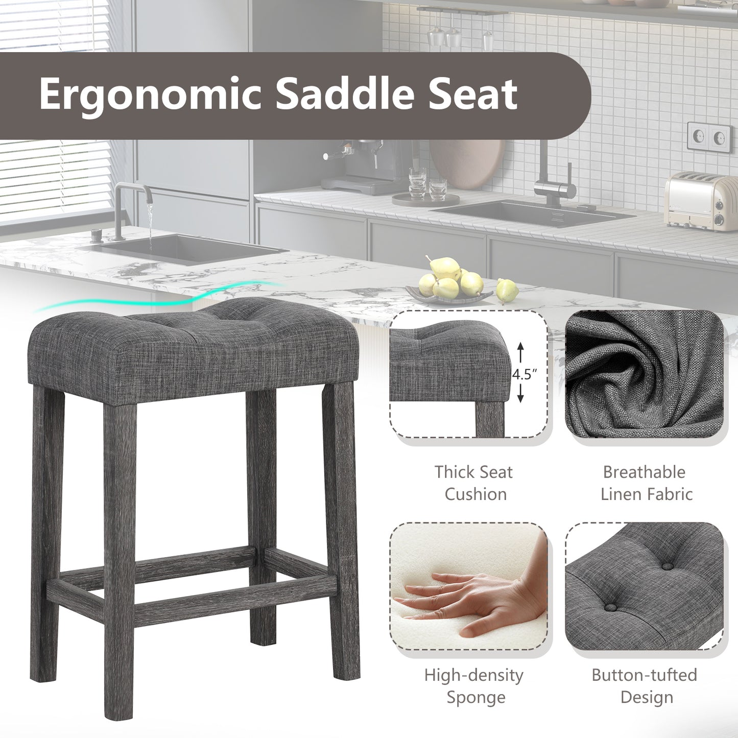 Set of 2 24 Inch Saddle Bar Stools with Padded Seat and Linen Upholstery - Grey