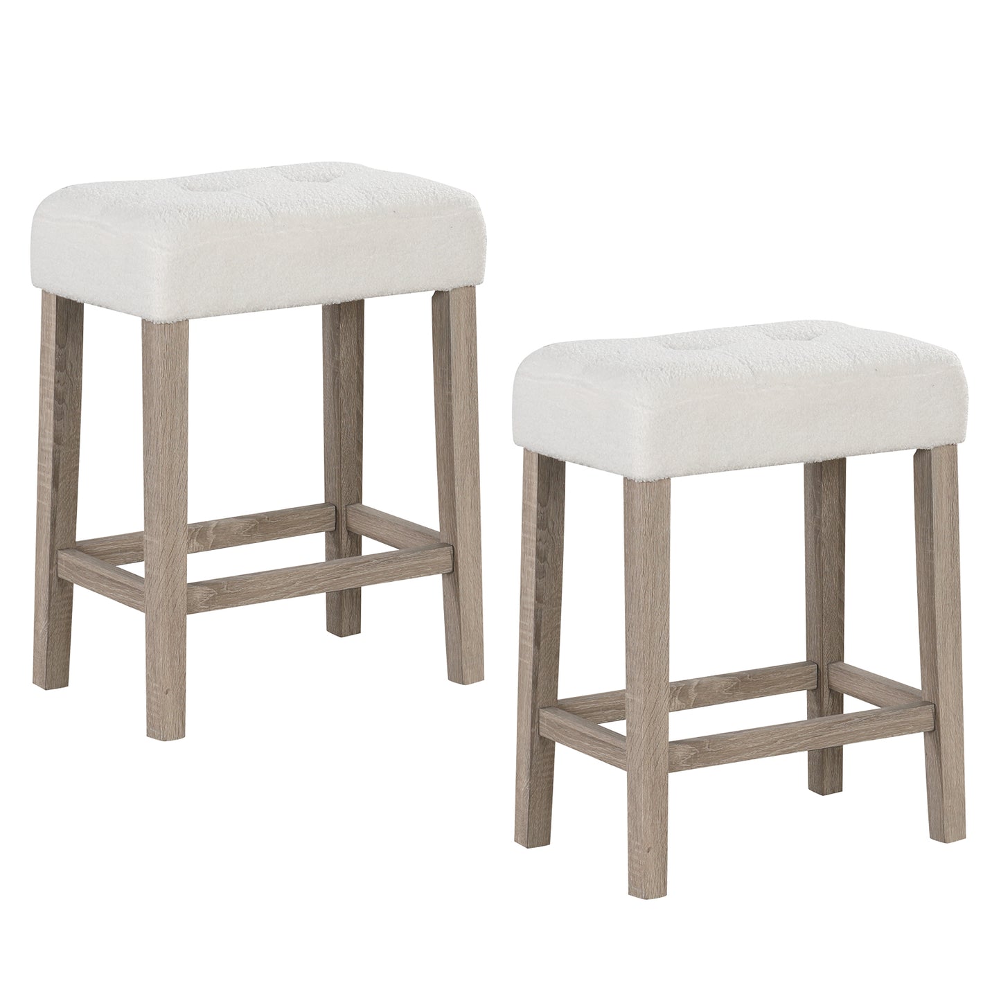 Set of 2 24 Inch Saddle Bar Stools with Padded Seat and Sherpa Upholstery - Beige