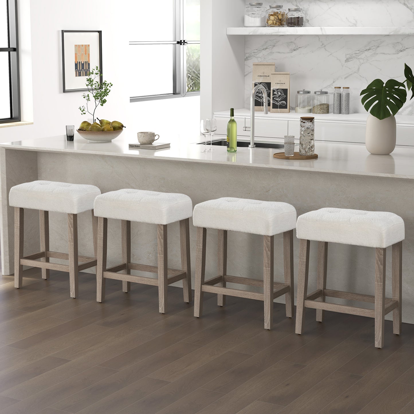 Set of 2 24 Inch Saddle Bar Stools with Padded Seat and Sherpa Upholstery - Beige