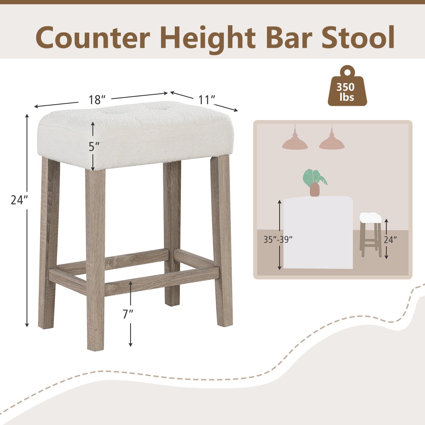 Set of 2 24 Inch Saddle Bar Stools with Padded Seat and Sherpa Upholstery - Beige