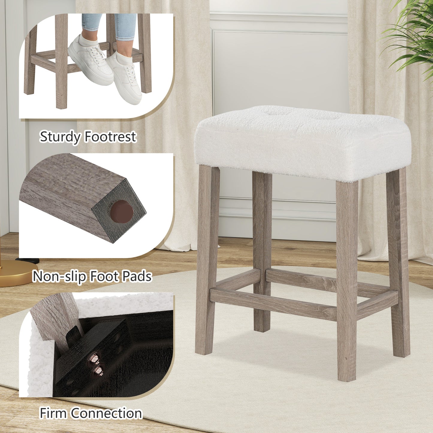 Set of 2 24 Inch Saddle Bar Stools with Padded Seat and Sherpa Upholstery - Beige