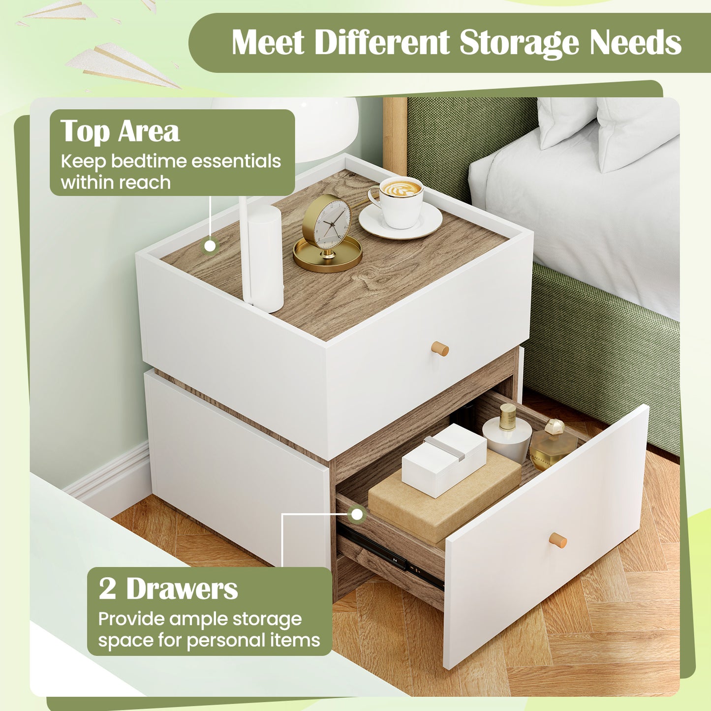 2-Drawer Modern Nightstand with Storage, Stylish Bedroom and Living Room Side Table
