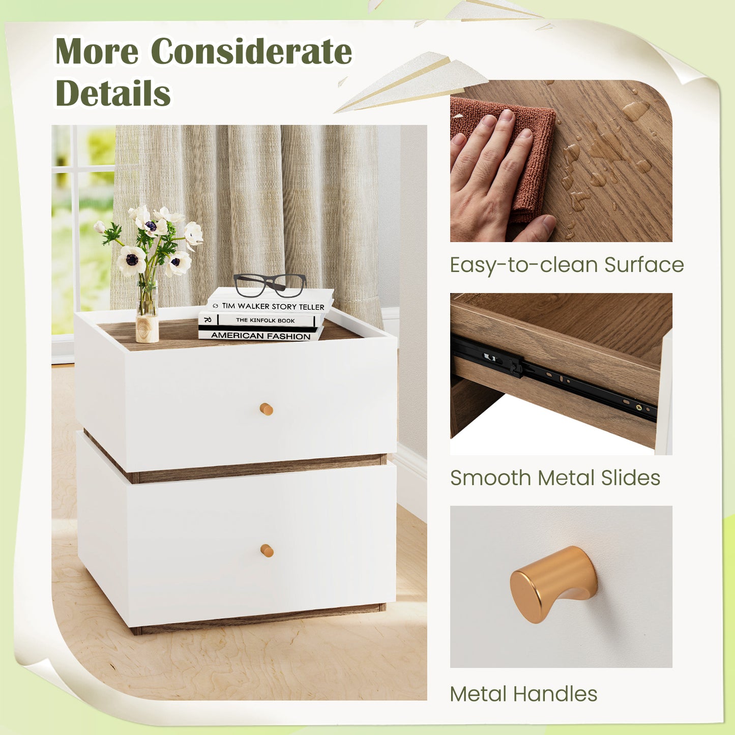 2-Drawer Modern Nightstand with Storage, Stylish Bedroom and Living Room Side Table