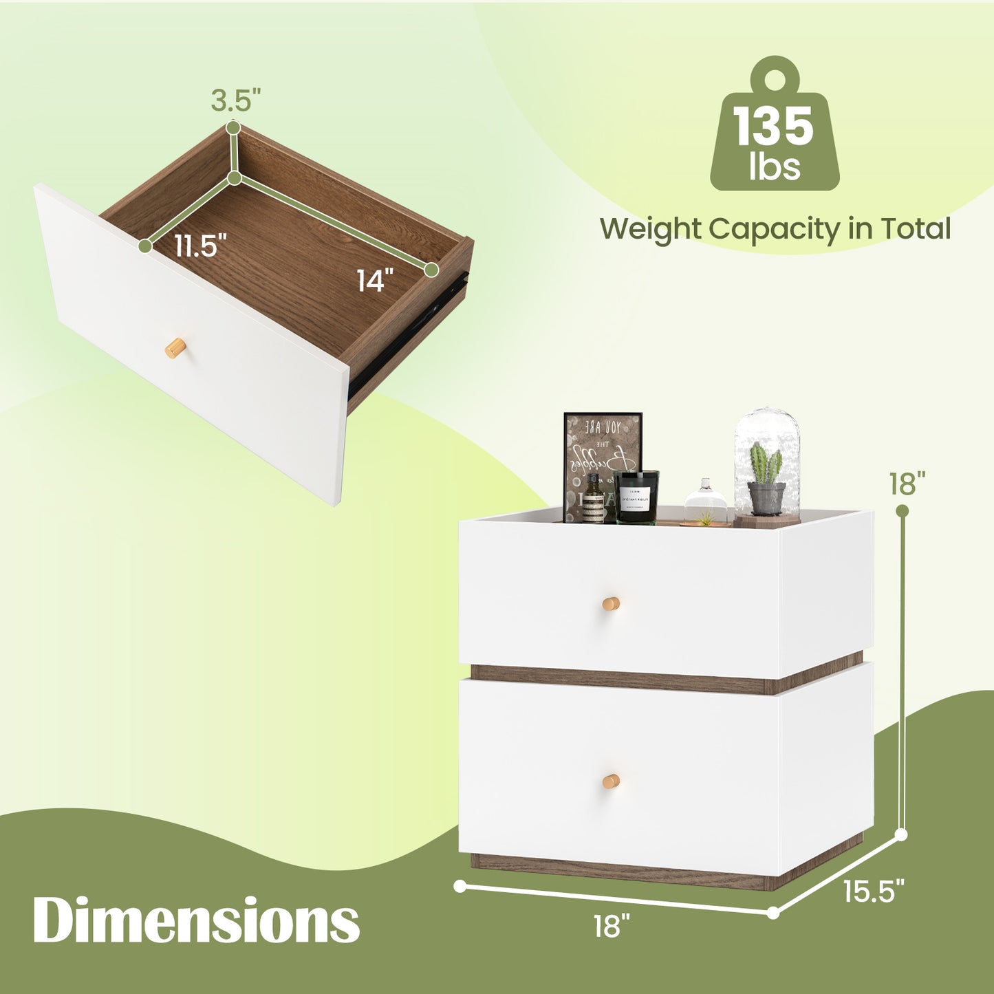2-Drawer Modern Nightstand with Storage, Stylish Bedroom and Living Room Side Table