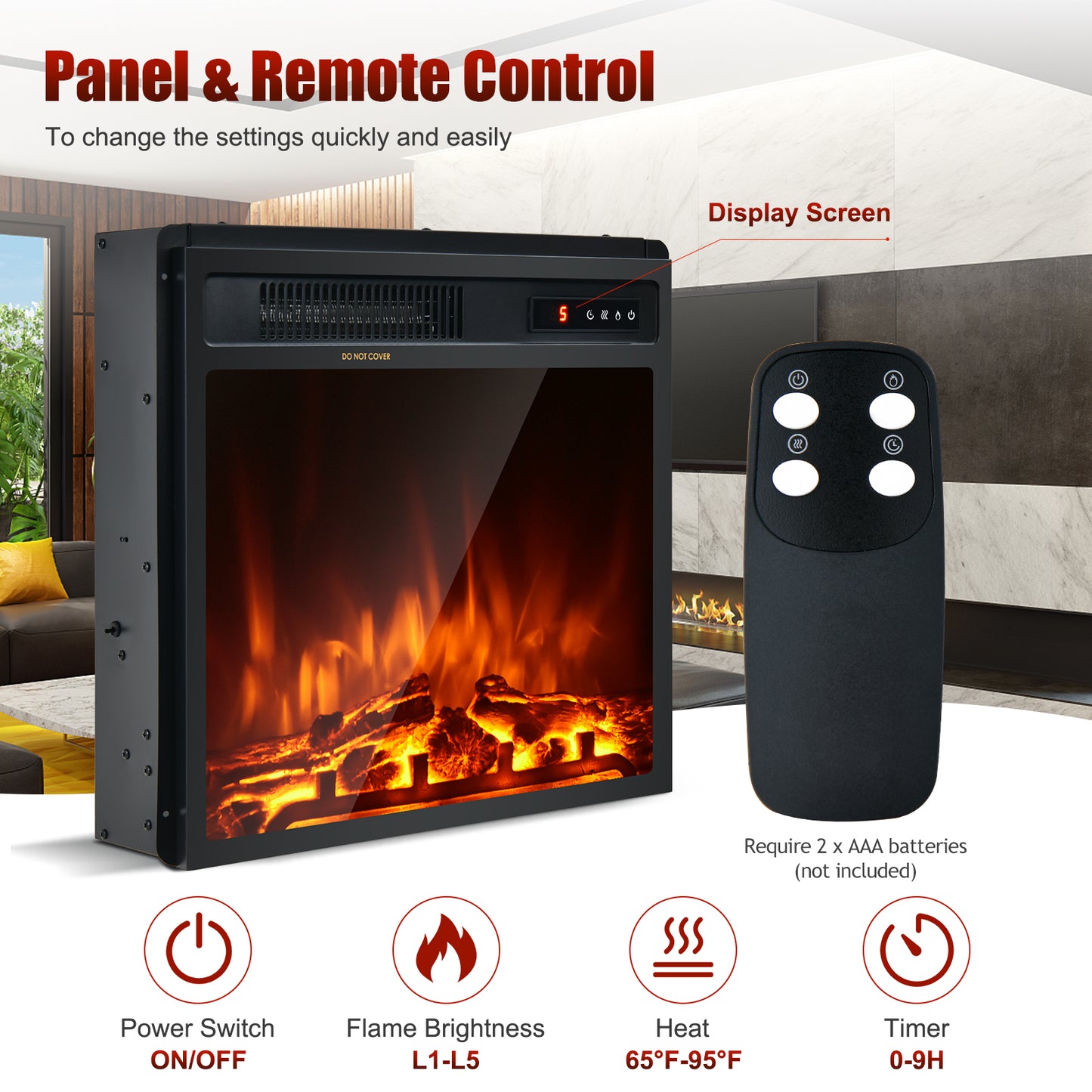 18" Electric Fireplace with 1500W Heating, Freestanding & Recessed Installation