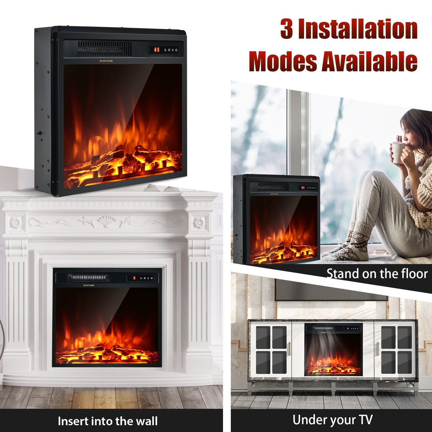 18" Electric Fireplace with 1500W Heating, Freestanding & Recessed Installation