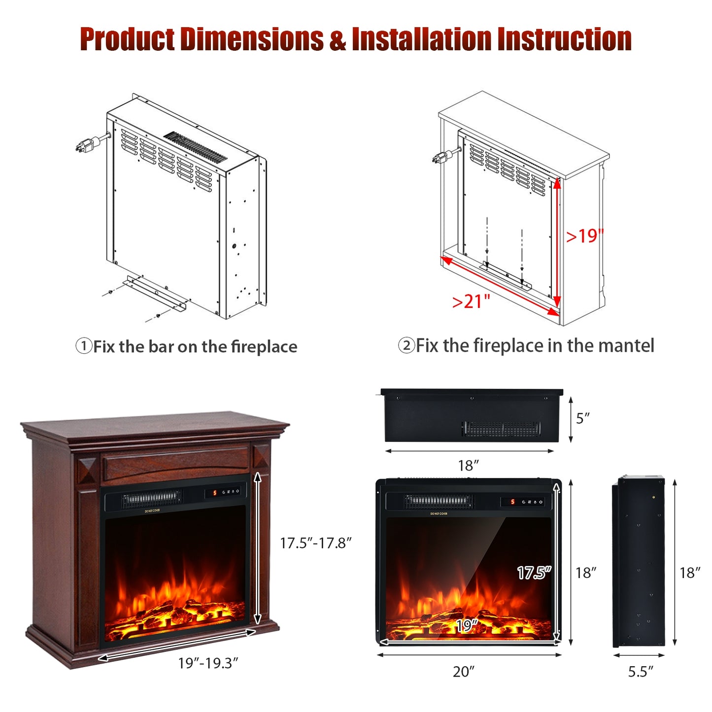 18" Electric Fireplace with 1500W Heating, Freestanding & Recessed Installation