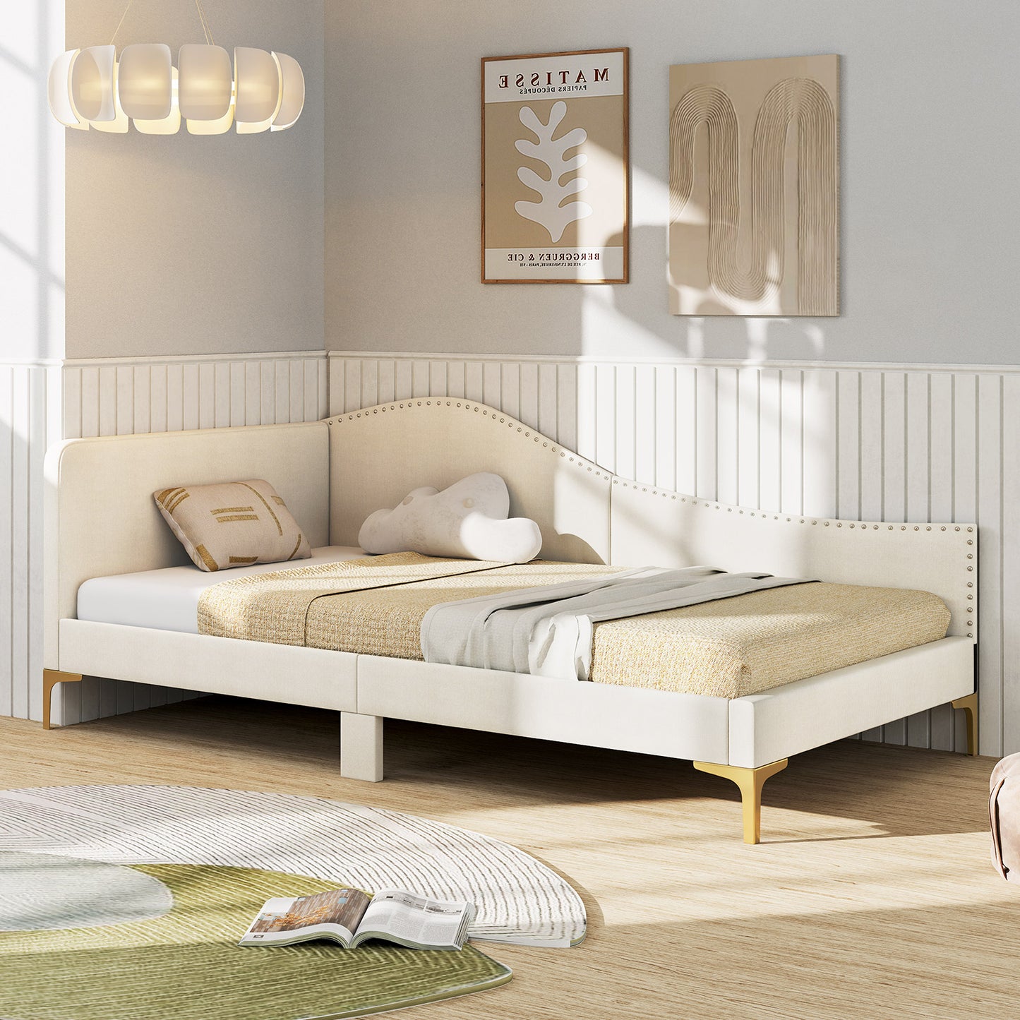 Modern Upholstered Daybed with Rivet Trim, Wood Slat Support and Sturdy Metal Legs – Twin