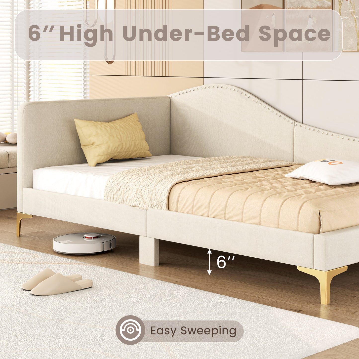 Modern Upholstered Daybed with Rivet Trim, Wood Slat Support and Sturdy Metal Legs – Twin