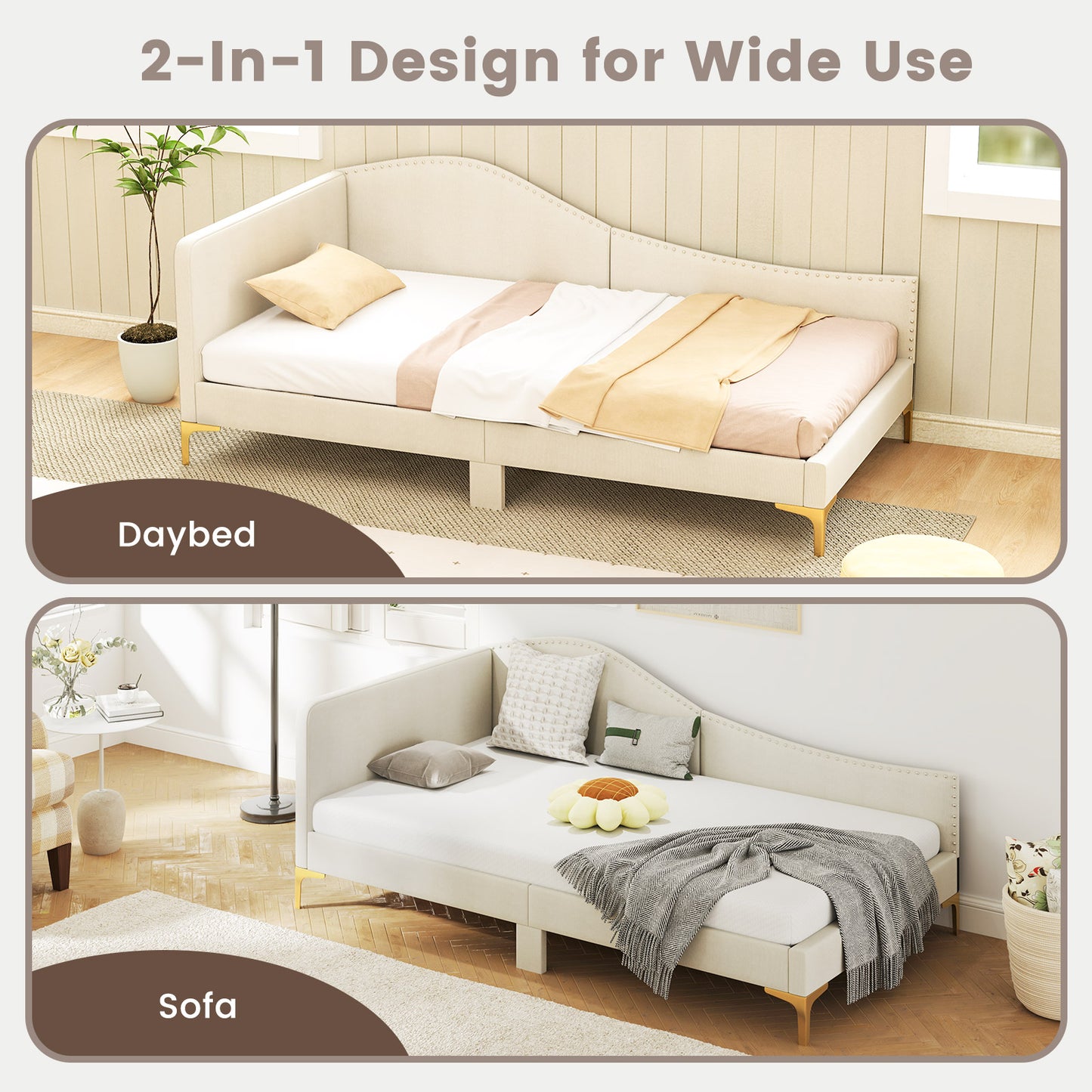 Modern Upholstered Daybed with Rivet Trim, Wood Slat Support and Sturdy Metal Legs – Twin