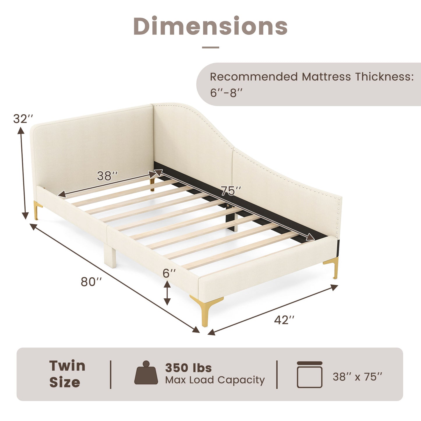 Modern Upholstered Daybed with Rivet Trim, Wood Slat Support and Sturdy Metal Legs – Twin