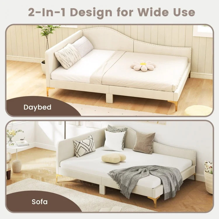 Modern Upholstered Daybed with Rivet Trim, Wood Slat Support and Sturdy Metal Legs – Full