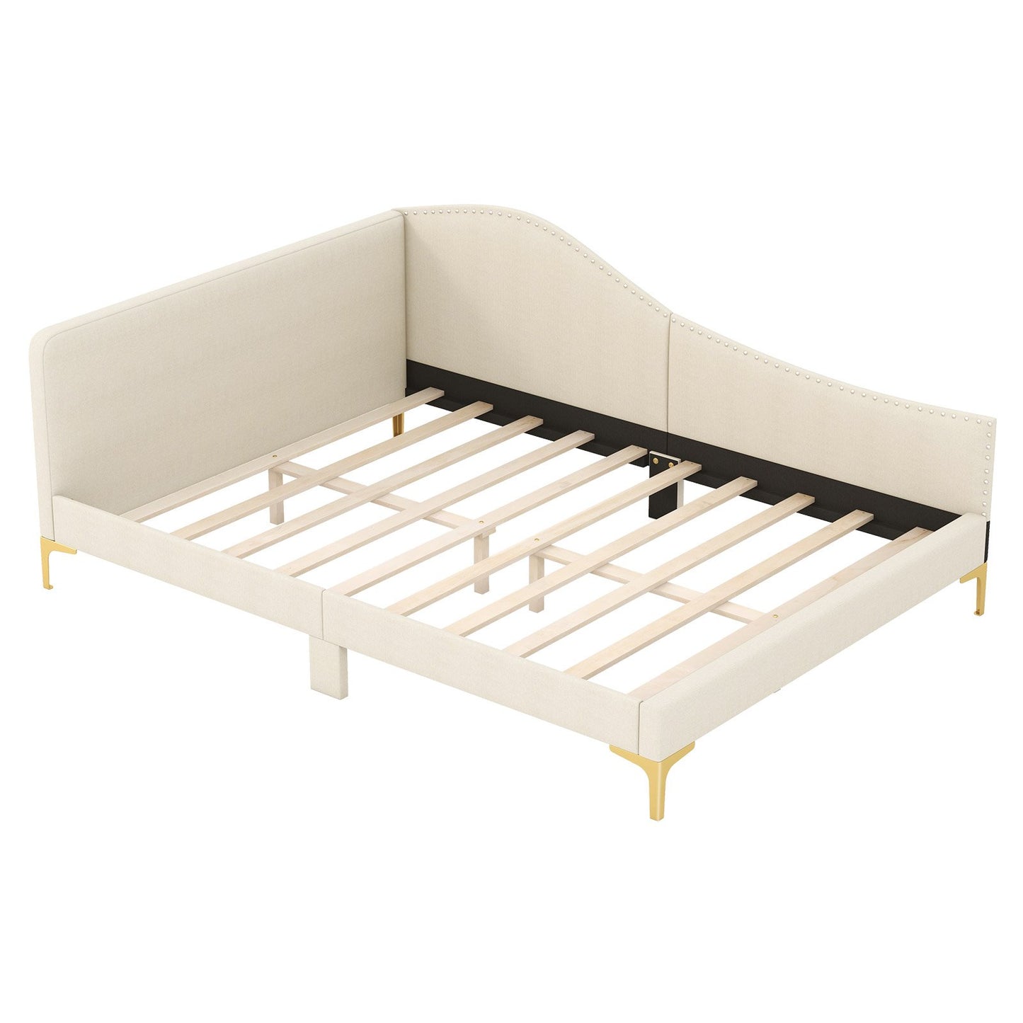 Modern Upholstered Daybed with Rivet Trim, Wood Slat Support and Sturdy Metal Legs – Full