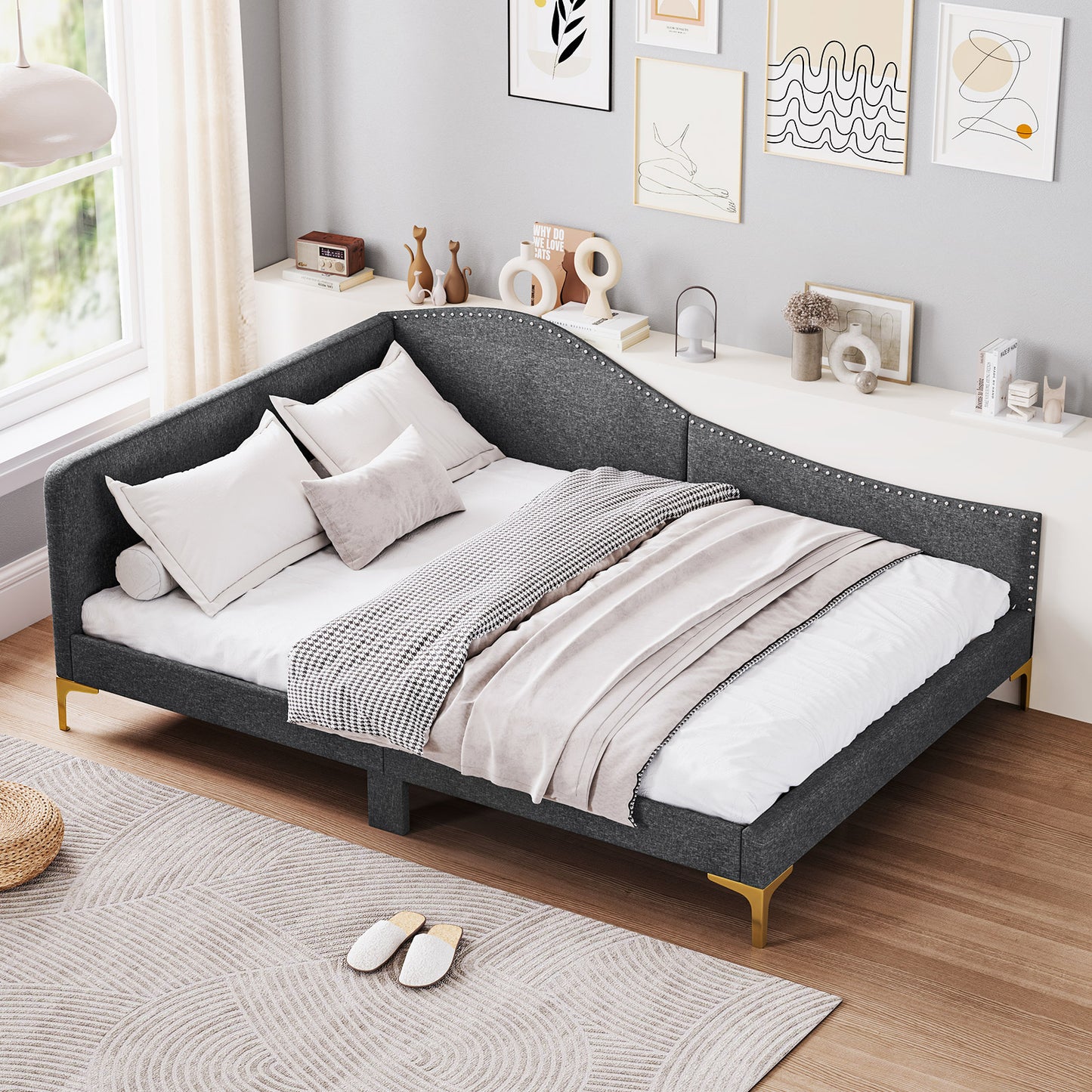 Upholstered Daybed with Rivet-Tufted Design, Wood Slats and Metal Legs, Full Size