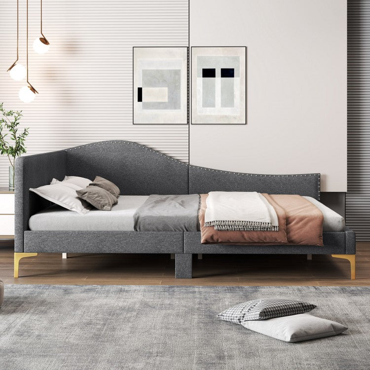 Upholstered Daybed with Rivet-Tufted Design, Wood Slats and Metal Legs, Full Size