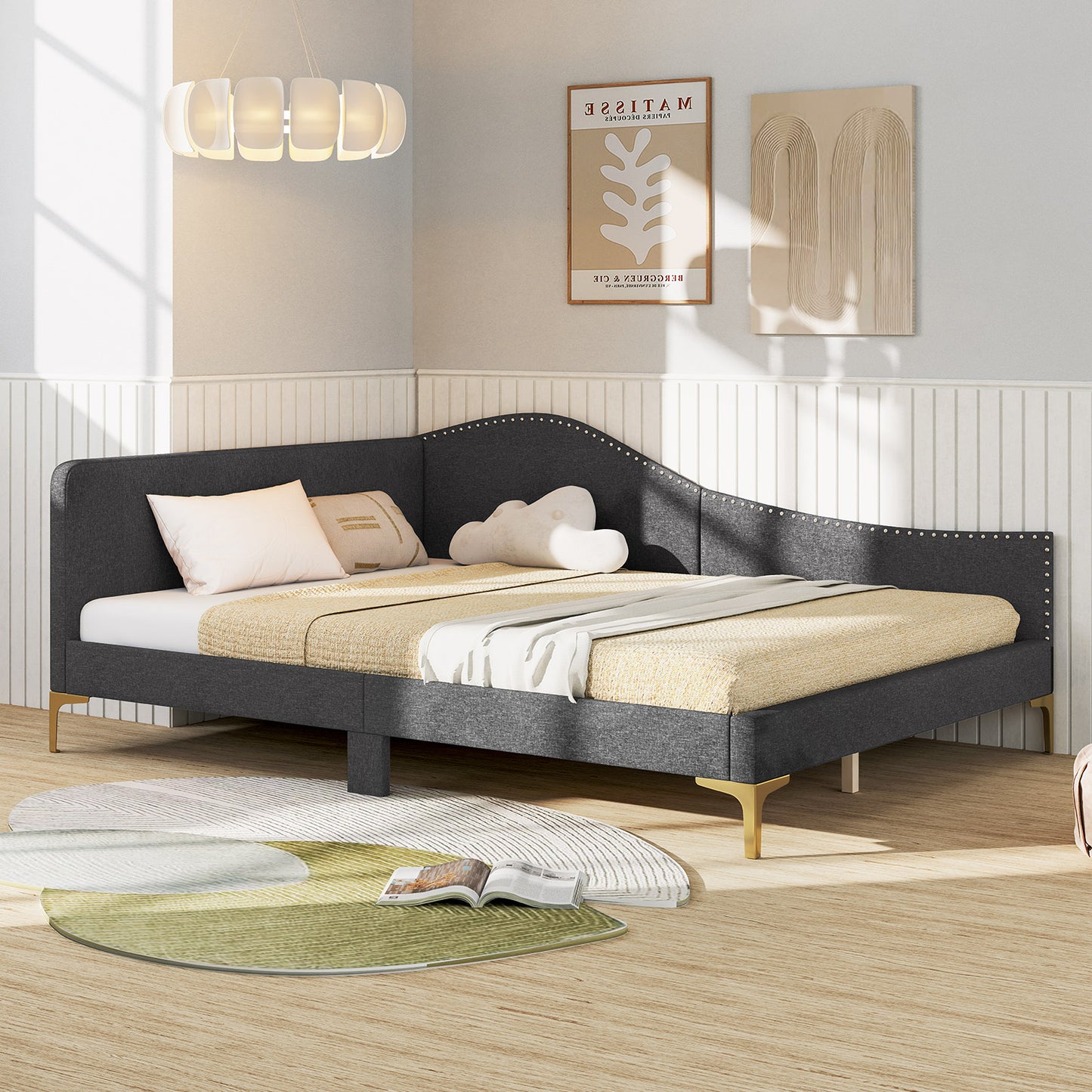 Upholstered Daybed with Rivet-Tufted Design, Wood Slats and Metal Legs, Full Size