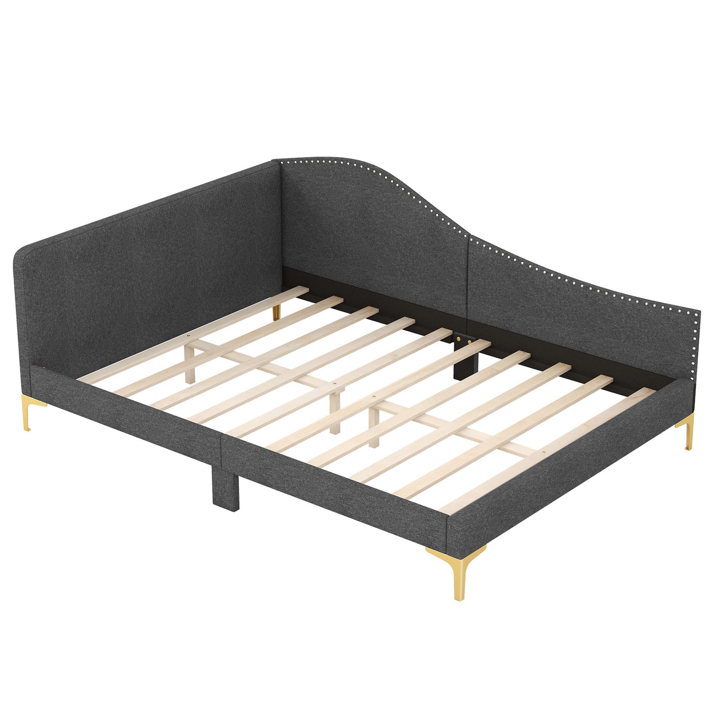 Upholstered Daybed with Rivet-Tufted Design, Wood Slats and Metal Legs, Full Size