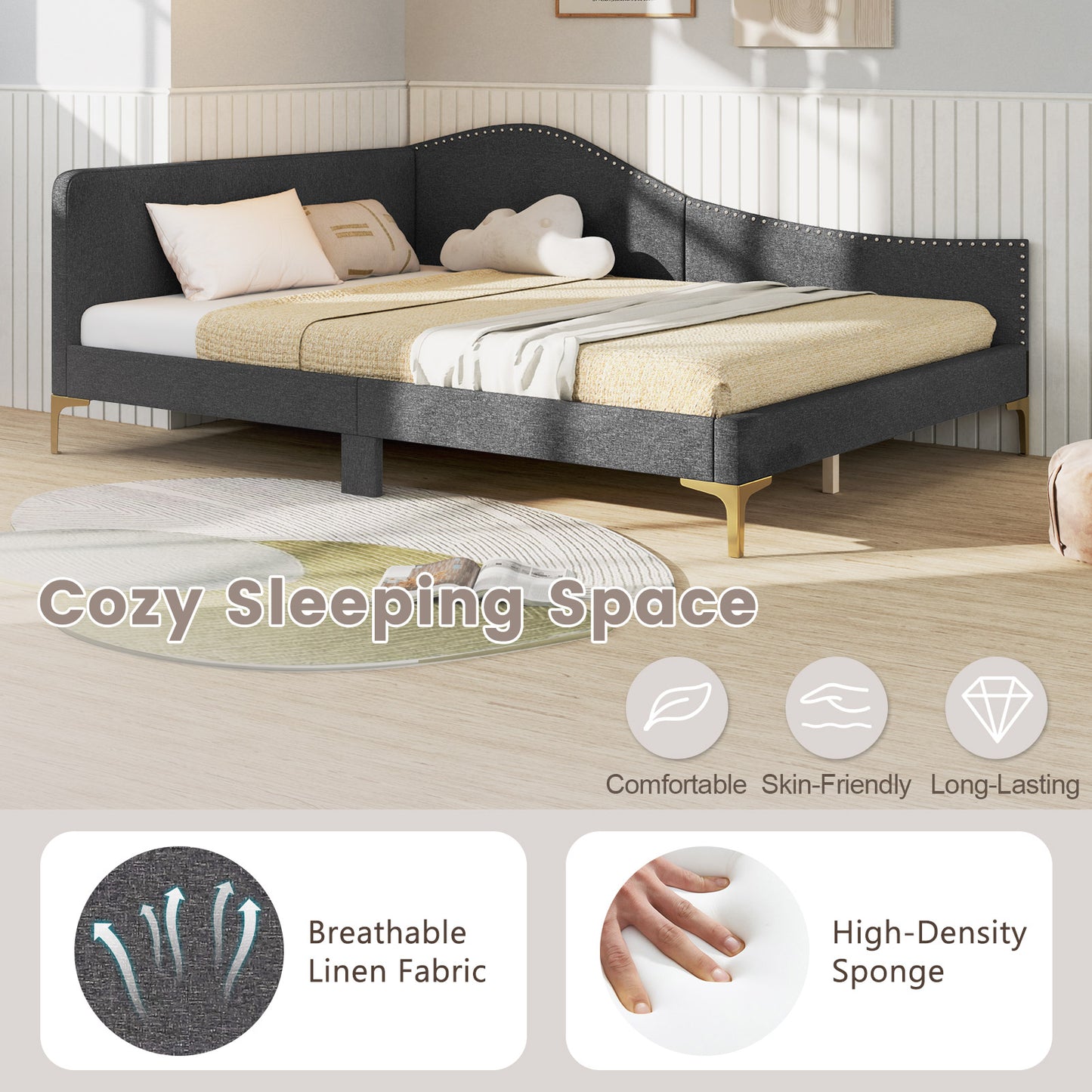 Upholstered Daybed with Rivet-Tufted Design, Wood Slats and Metal Legs, Full Size