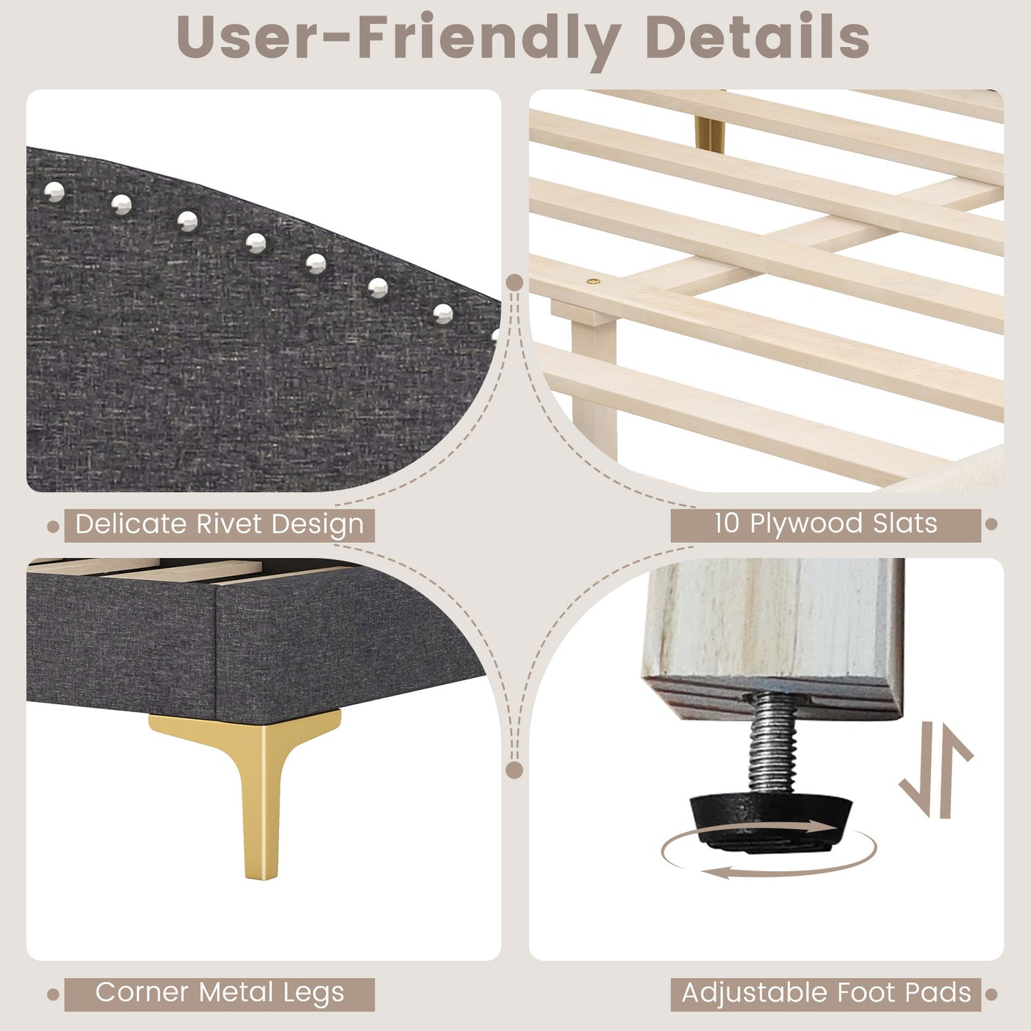 Upholstered Daybed with Rivet-Tufted Design, Wood Slats and Metal Legs, Full Size