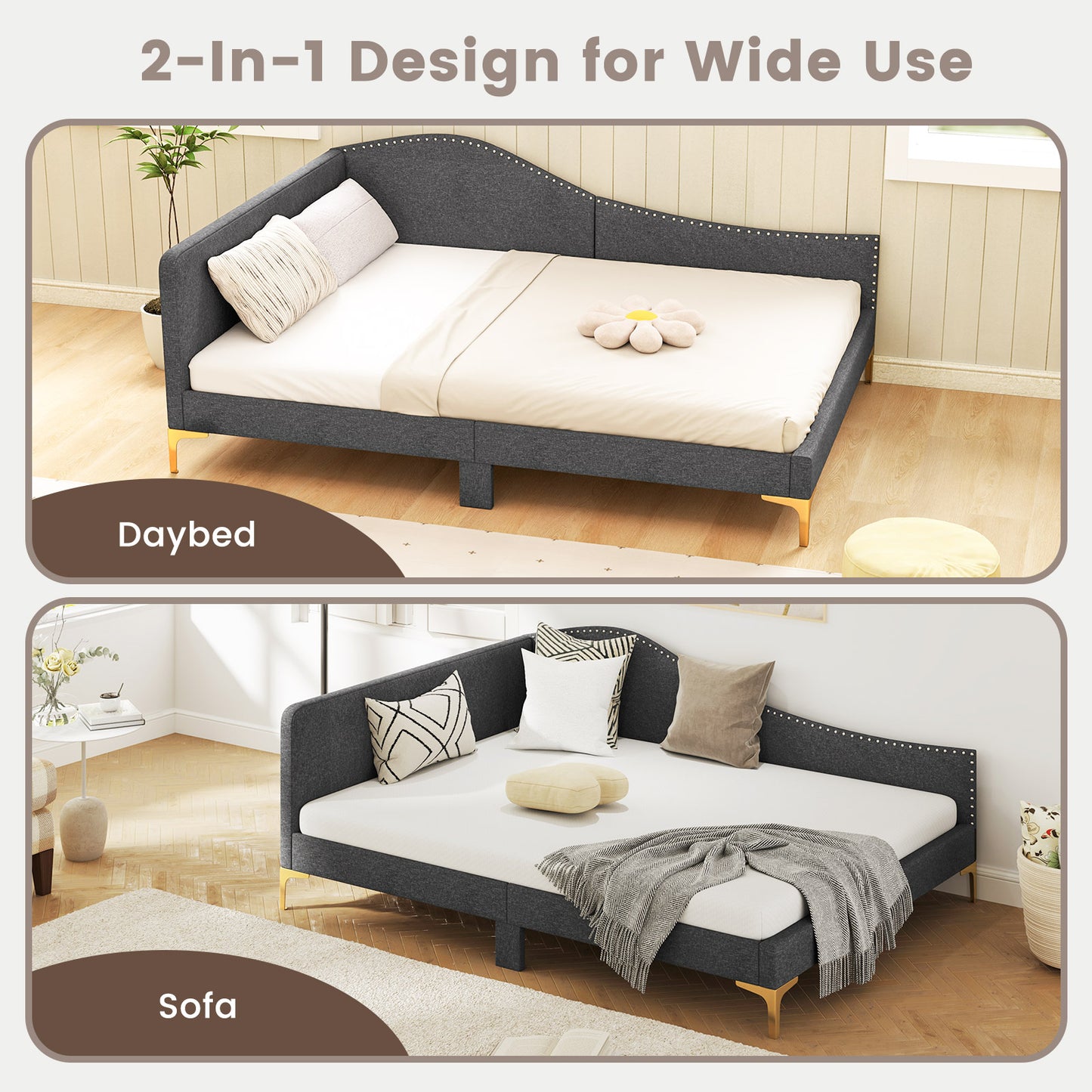 Upholstered Daybed with Rivet-Tufted Design, Wood Slats and Metal Legs, Full Size