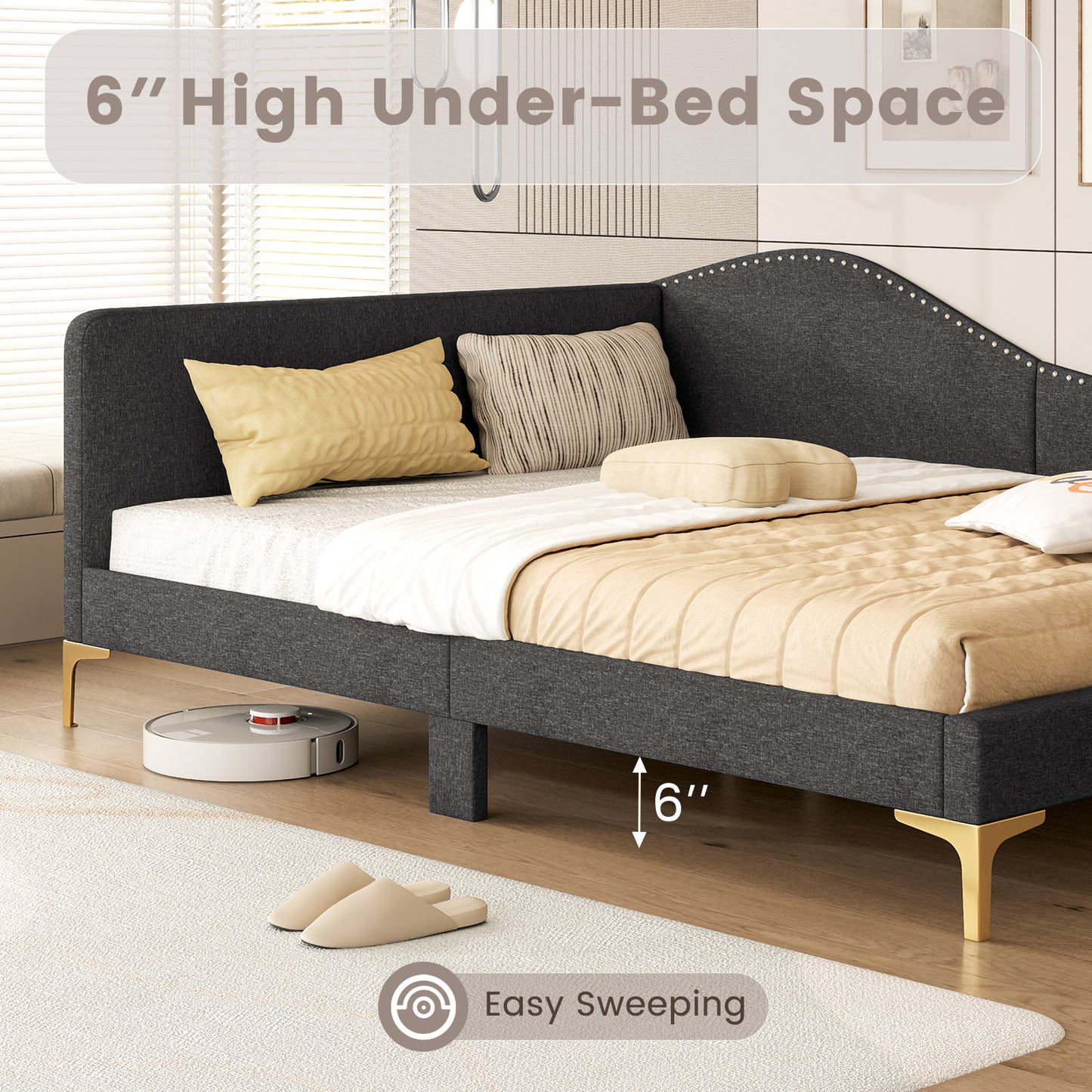 Upholstered Daybed with Rivet-Tufted Design, Wood Slats and Metal Legs, Full Size