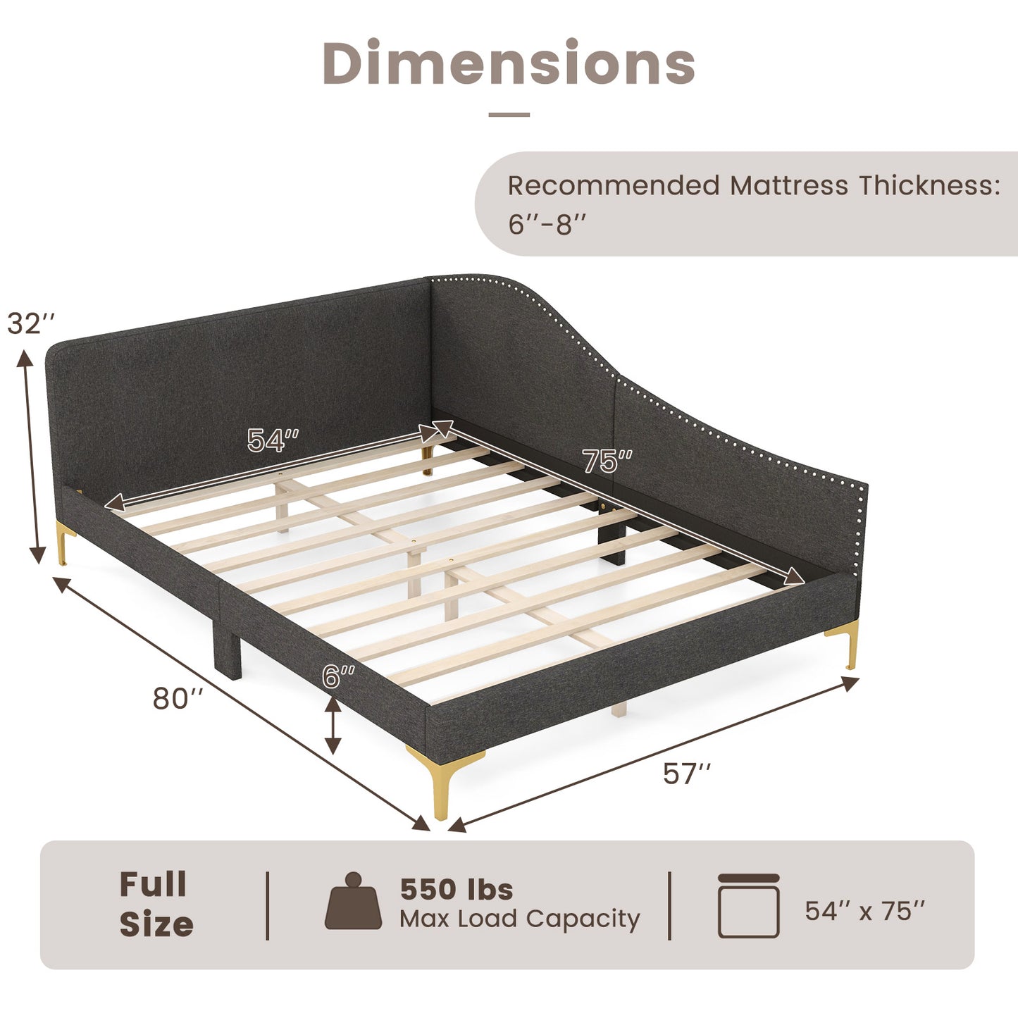 Upholstered Daybed with Rivet-Tufted Design, Wood Slats and Metal Legs, Full Size