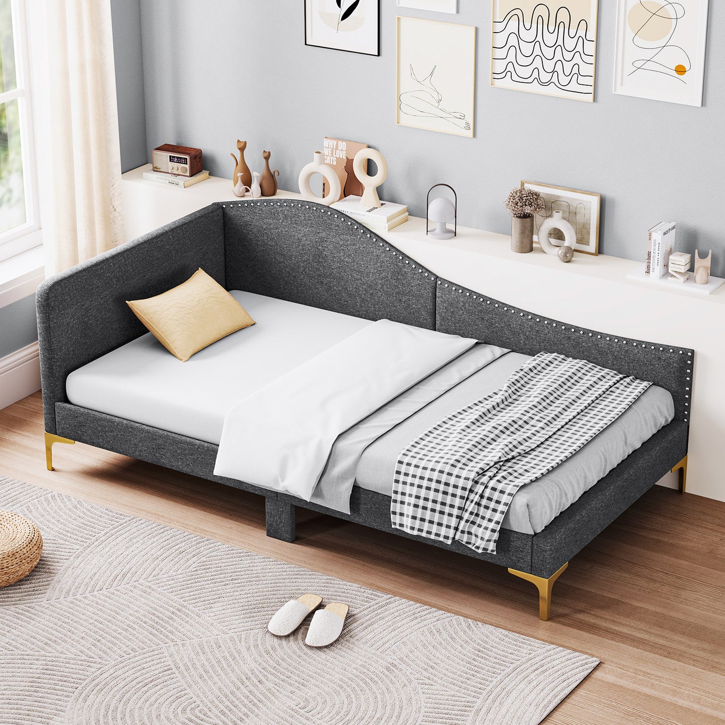 Upholstered Daybed with Rivet-Tufted Design, Wood Slats and Metal Legs, Twin Size