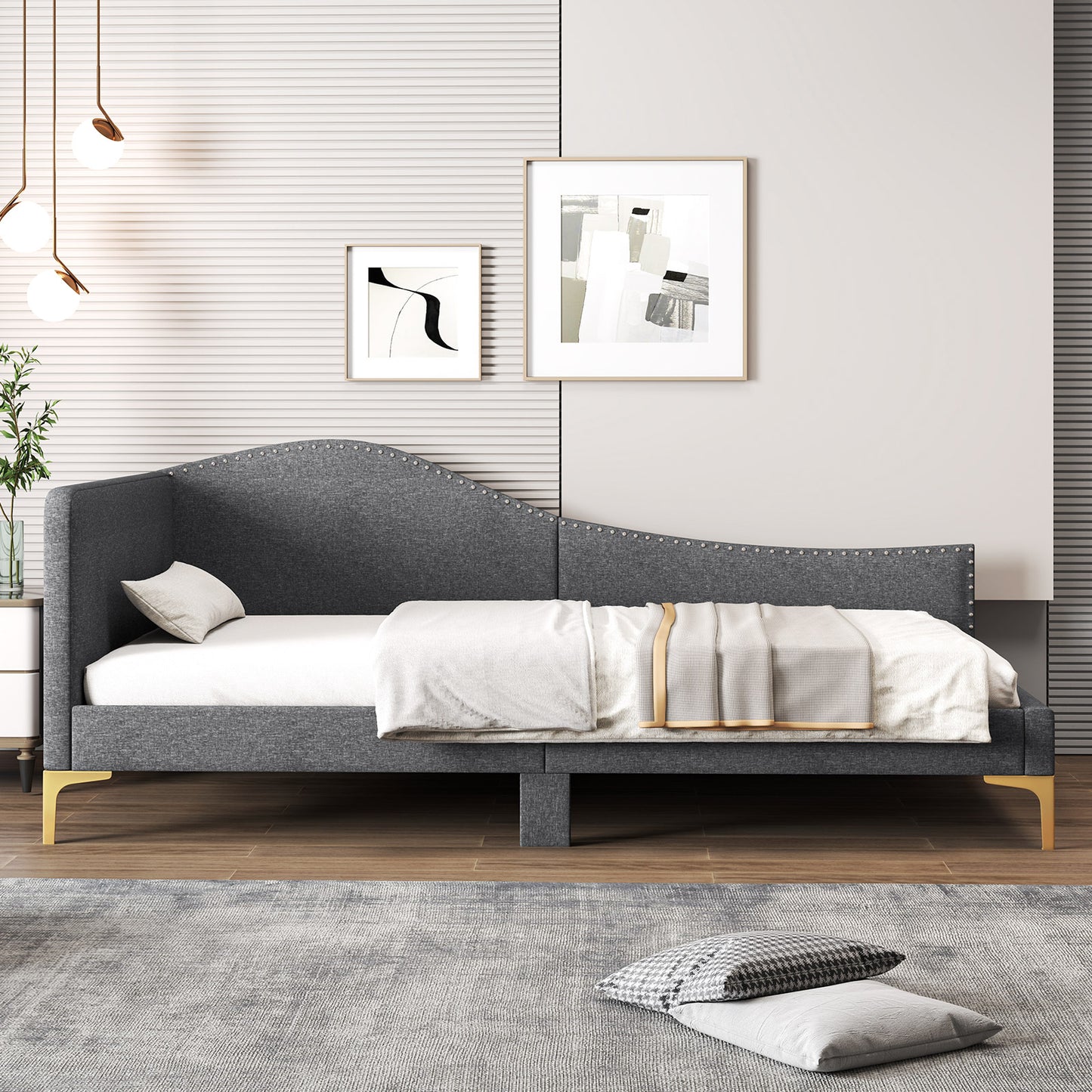 Upholstered Daybed with Rivet-Tufted Design, Wood Slats and Metal Legs, Twin Size