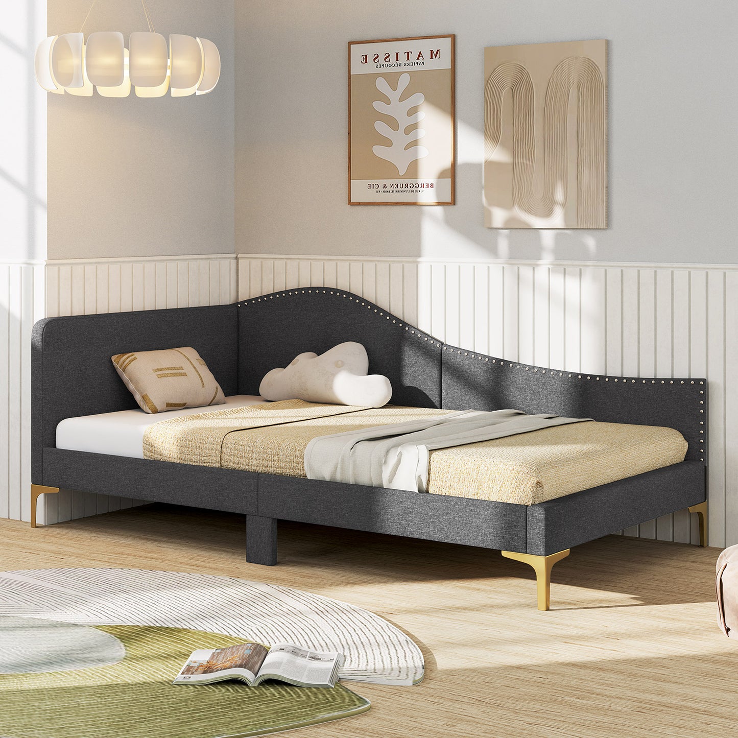 Upholstered Daybed with Rivet-Tufted Design, Wood Slats and Metal Legs, Twin Size