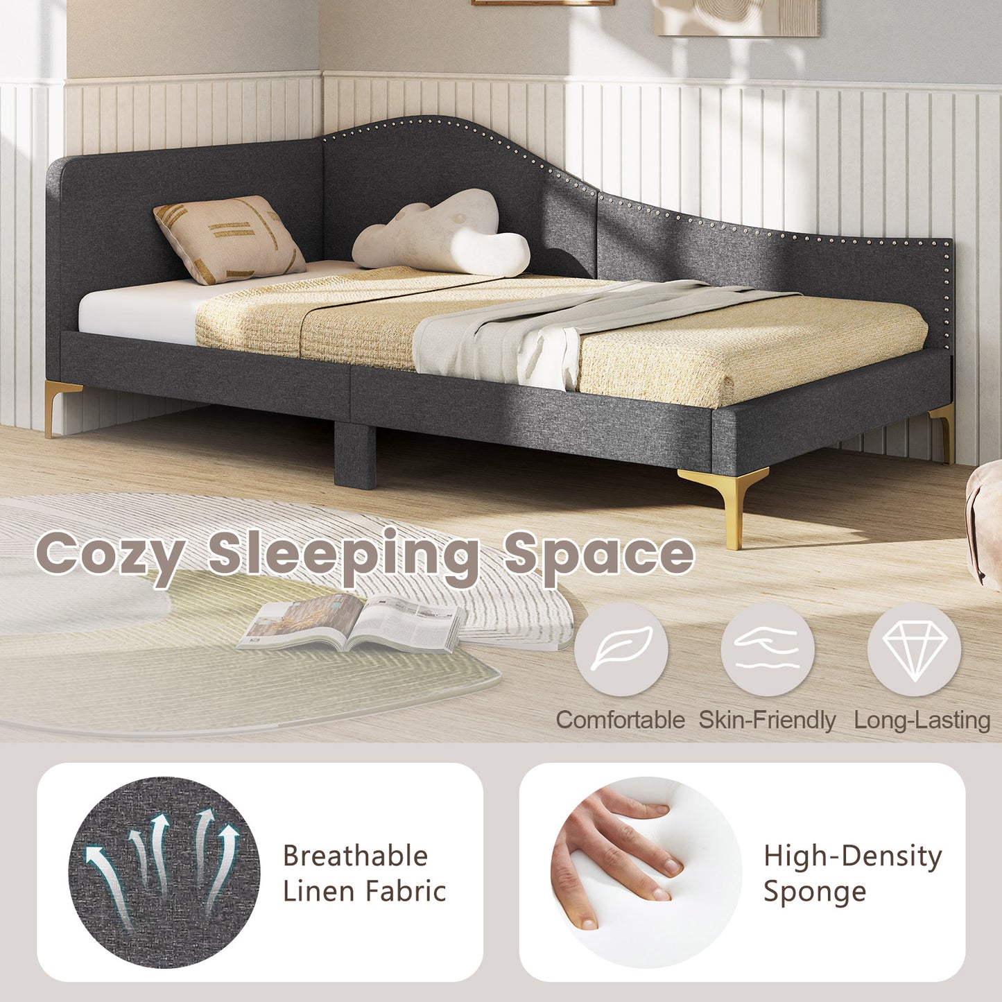 Upholstered Daybed with Rivet-Tufted Design, Wood Slats and Metal Legs, Twin Size