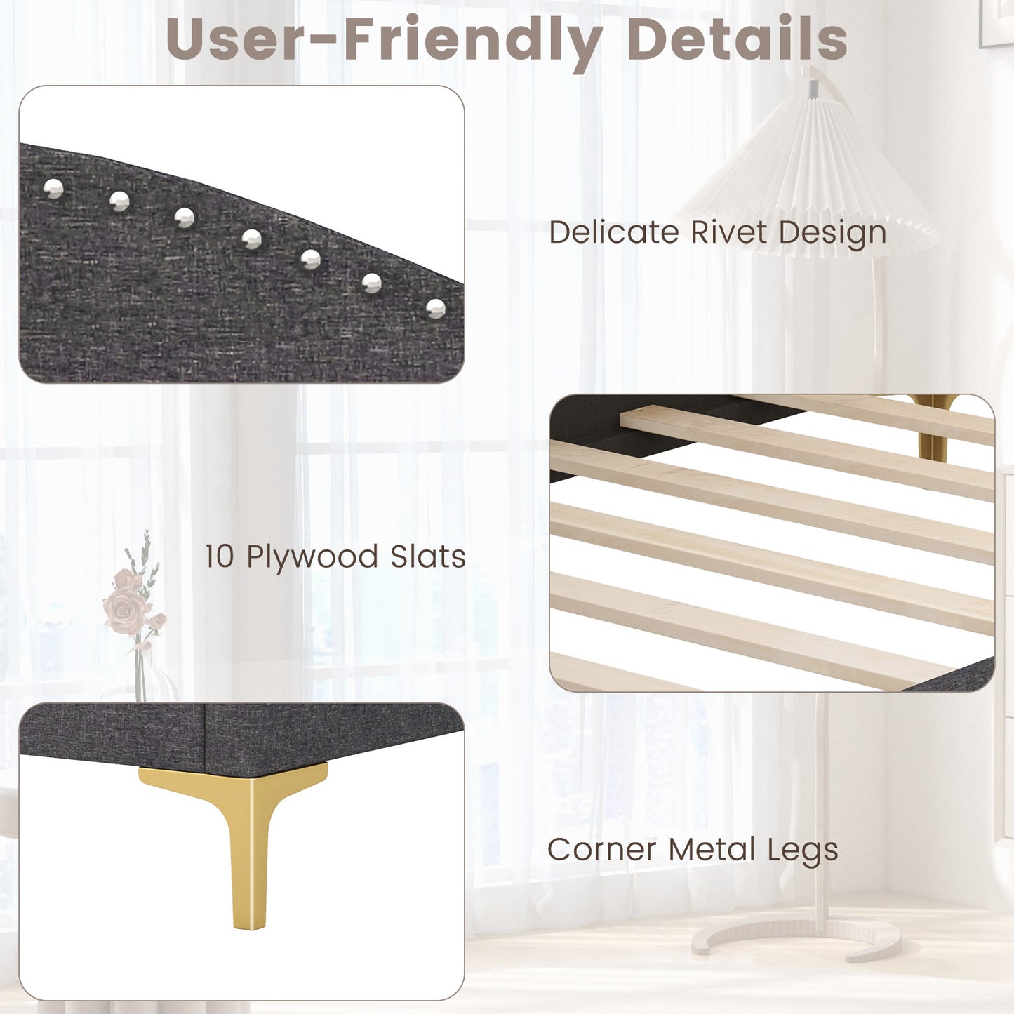 Upholstered Daybed with Rivet-Tufted Design, Wood Slats and Metal Legs, Twin Size