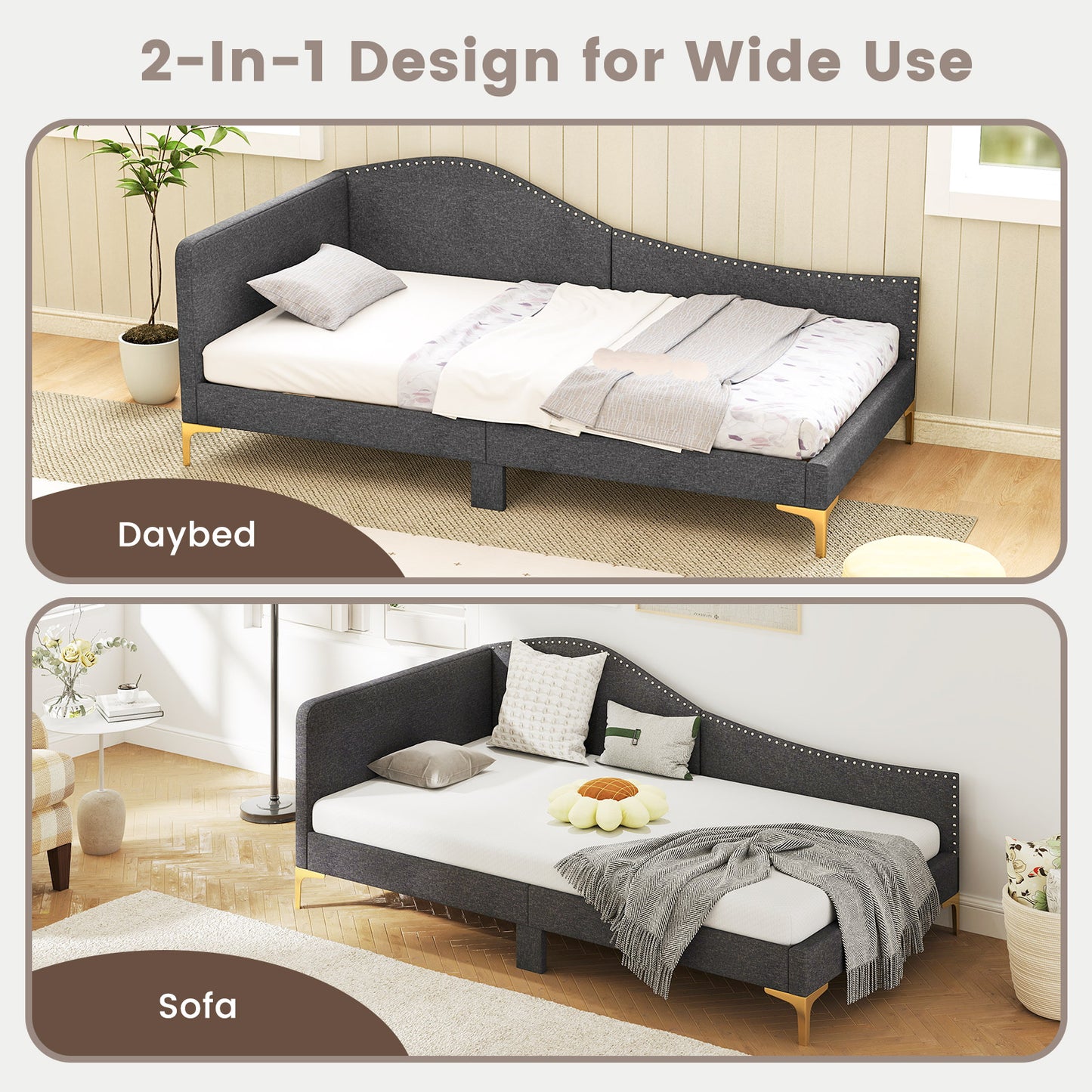 Upholstered Daybed with Rivet-Tufted Design, Wood Slats and Metal Legs, Twin Size