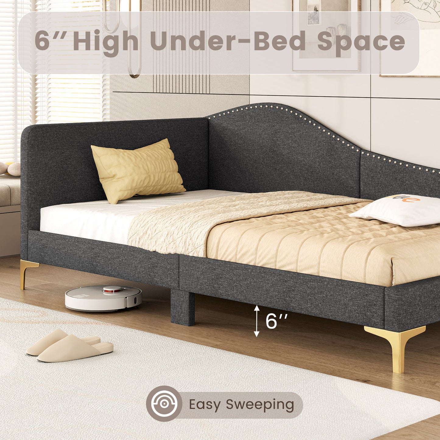Upholstered Daybed with Rivet-Tufted Design, Wood Slats and Metal Legs, Twin Size
