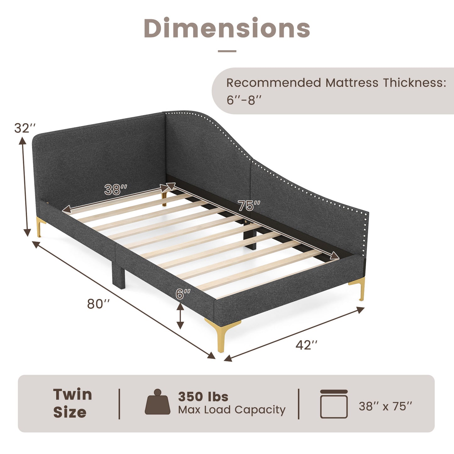 Upholstered Daybed with Rivet-Tufted Design, Wood Slats and Metal Legs, Twin Size