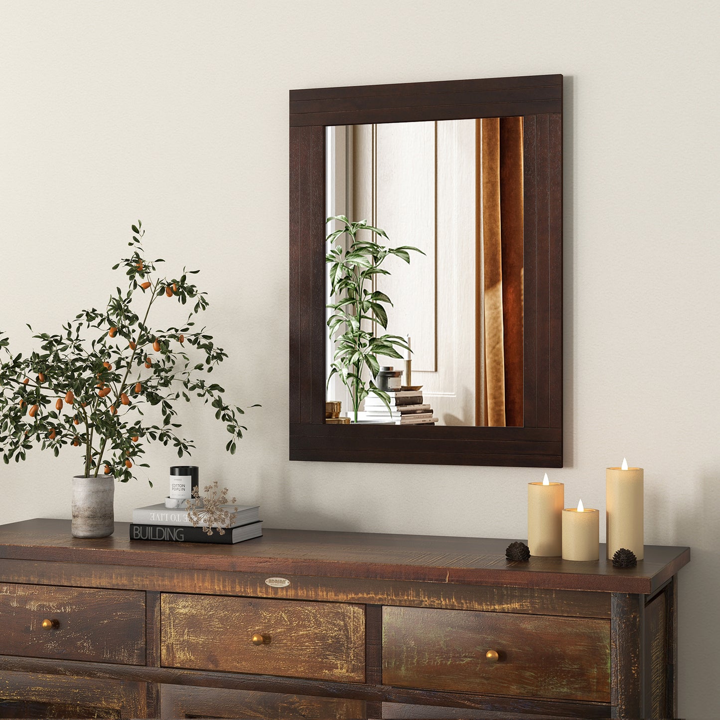 Rustic Wood-Framed Wall Mirror for Living Room, Bedroom, & Entryway