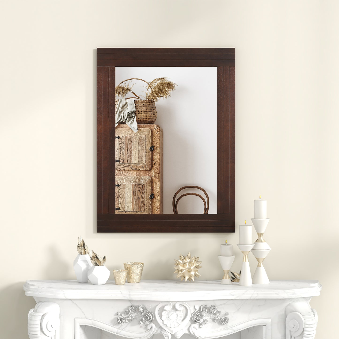 Rustic Wood-Framed Wall Mirror for Living Room, Bedroom, & Entryway