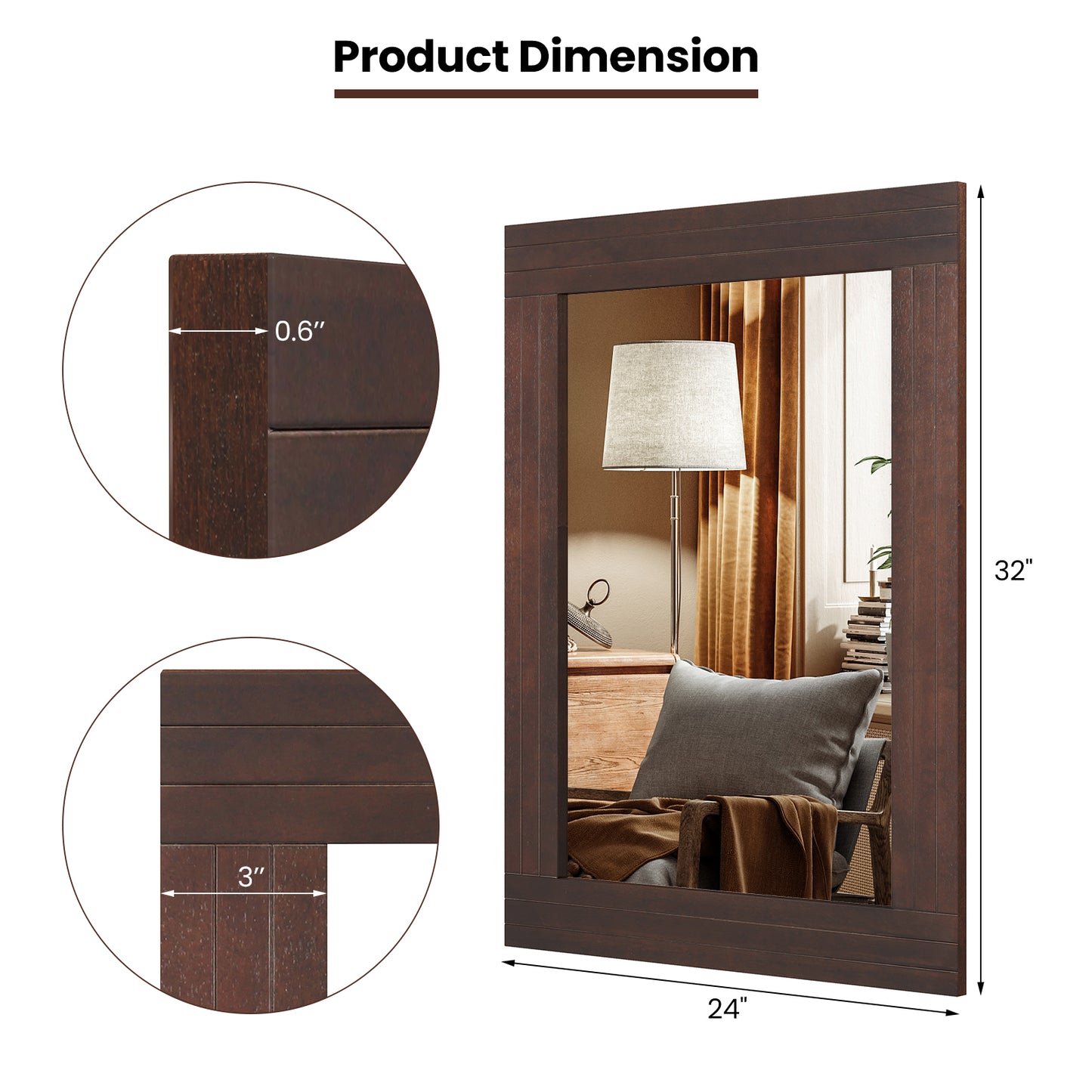 Rustic Wood-Framed Wall Mirror for Living Room, Bedroom, & Entryway