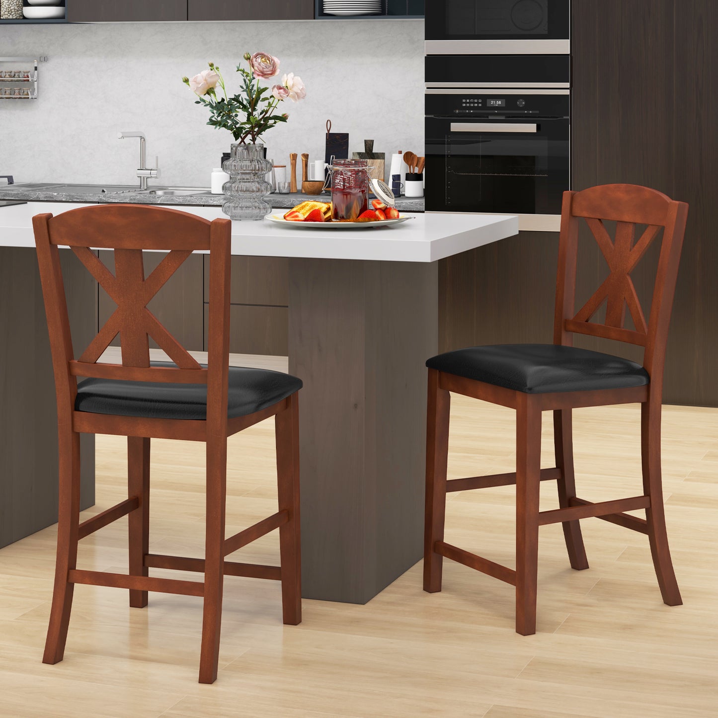 24 Inch Dining Chair Set of 2 with Leather Upholstered Seat and Hollowed High Backrest