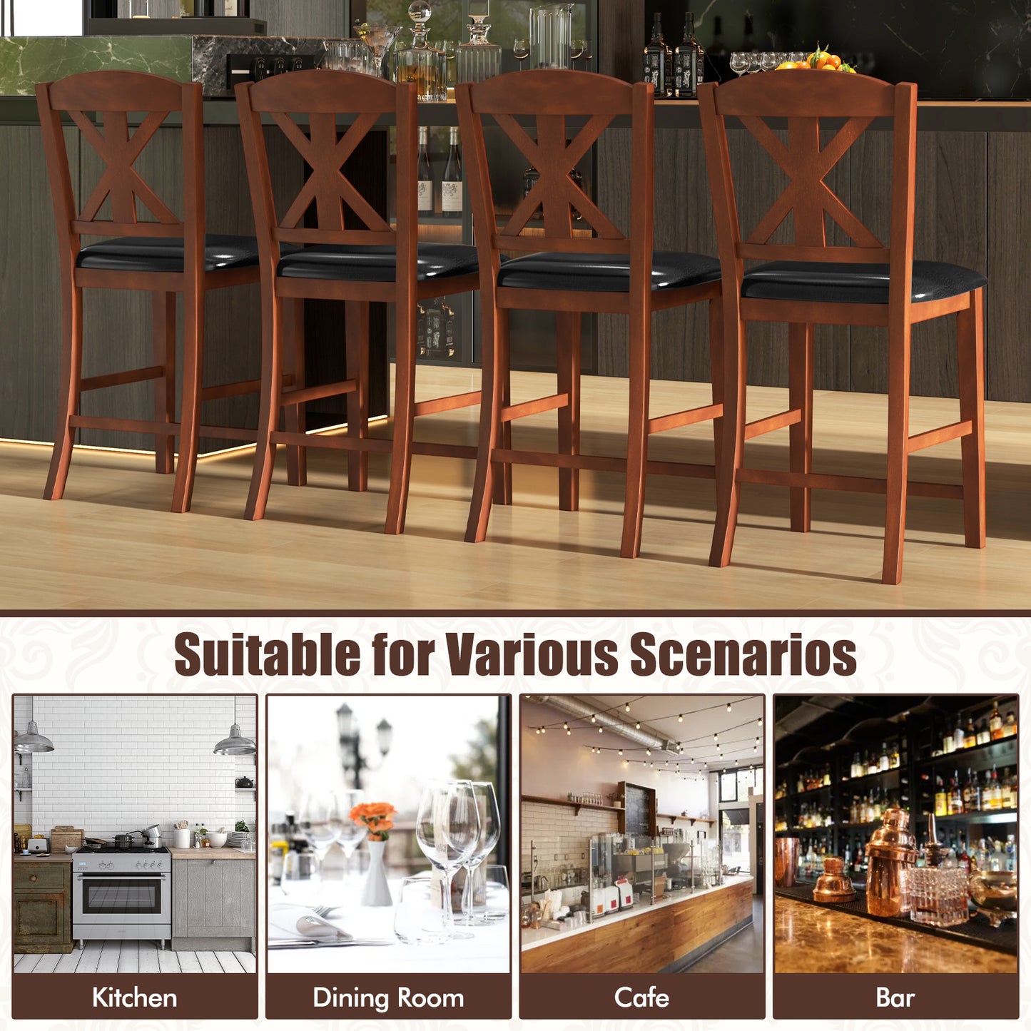 24 Inch Dining Chair Set of 2 with Leather Upholstered Seat and Hollowed High Backrest