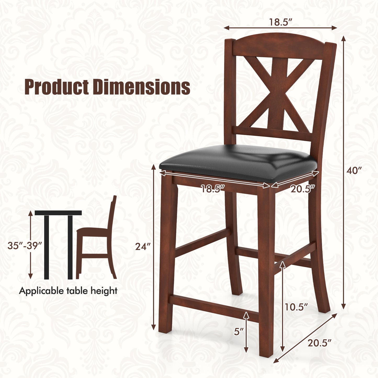 24 Inch Dining Chair Set of 2 with Leather Upholstered Seat and Hollowed High Backrest