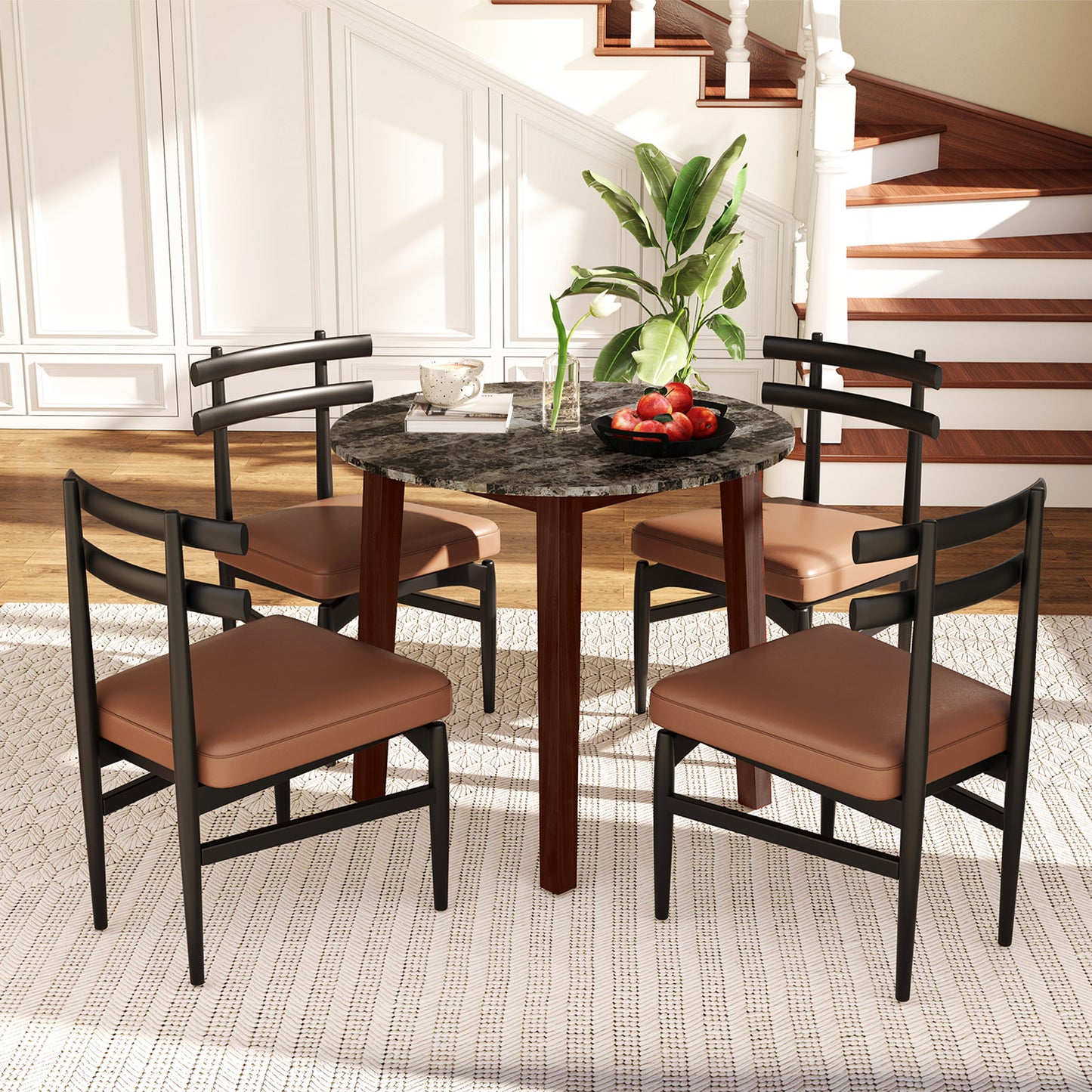 Modern 35 Inch Round Dining Table with Marble Finish Top and Solid Rubber Wood Legs in Brown