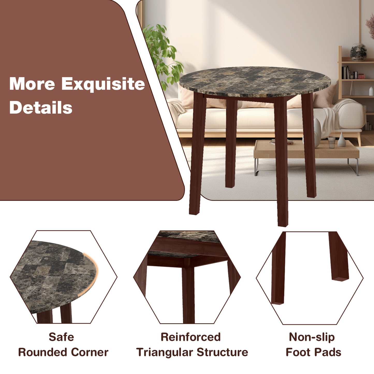 Modern 35 Inch Round Dining Table with Marble Finish Top and Solid Rubber Wood Legs in Brown