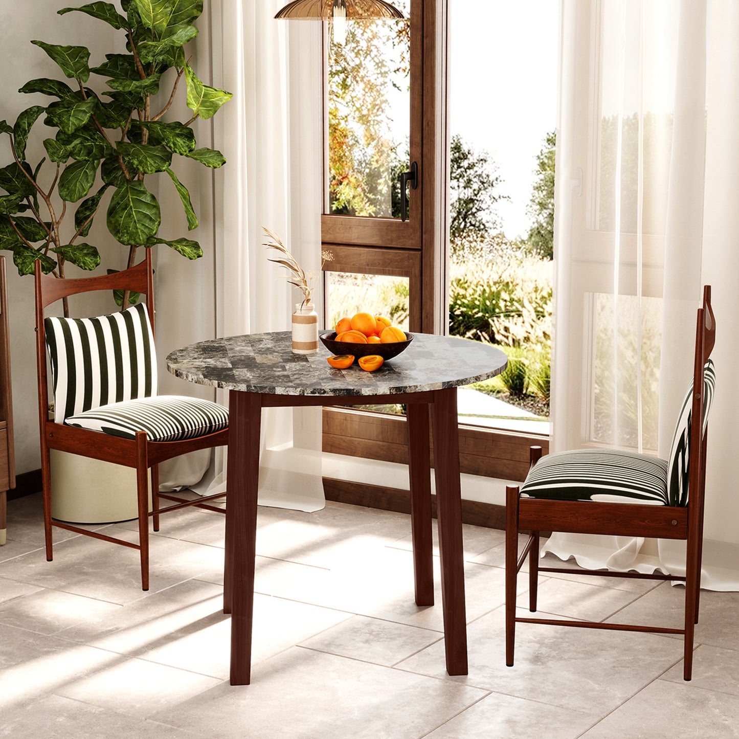 Modern 35 Inch Round Dining Table with Marble Finish Top and Solid Rubber Wood Legs in Brown