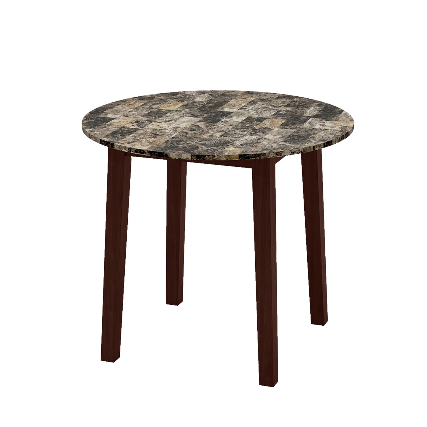 Modern 35 Inch Round Dining Table with Marble Finish Top and Solid Rubber Wood Legs in Brown