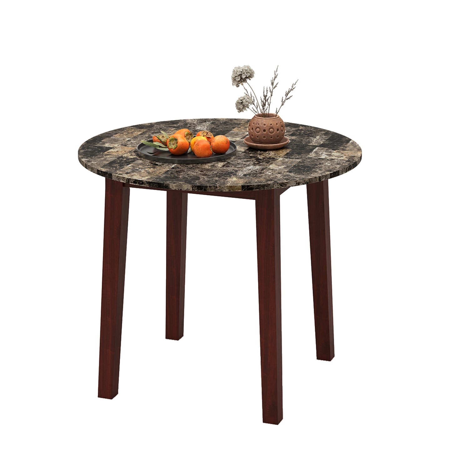 Modern 35 Inch Round Dining Table with Marble Finish Top and Solid Rubber Wood Legs in Brown