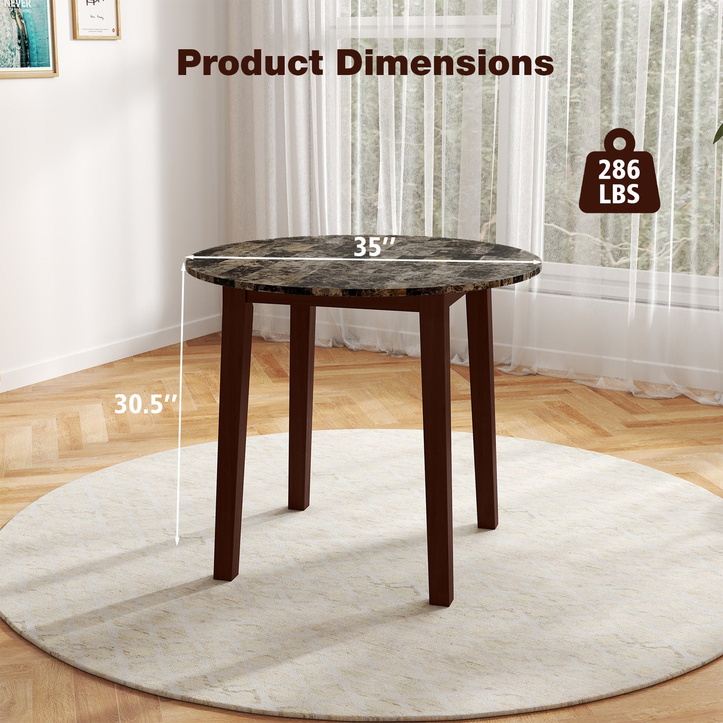Modern 35 Inch Round Dining Table with Marble Finish Top and Solid Rubber Wood Legs in Brown