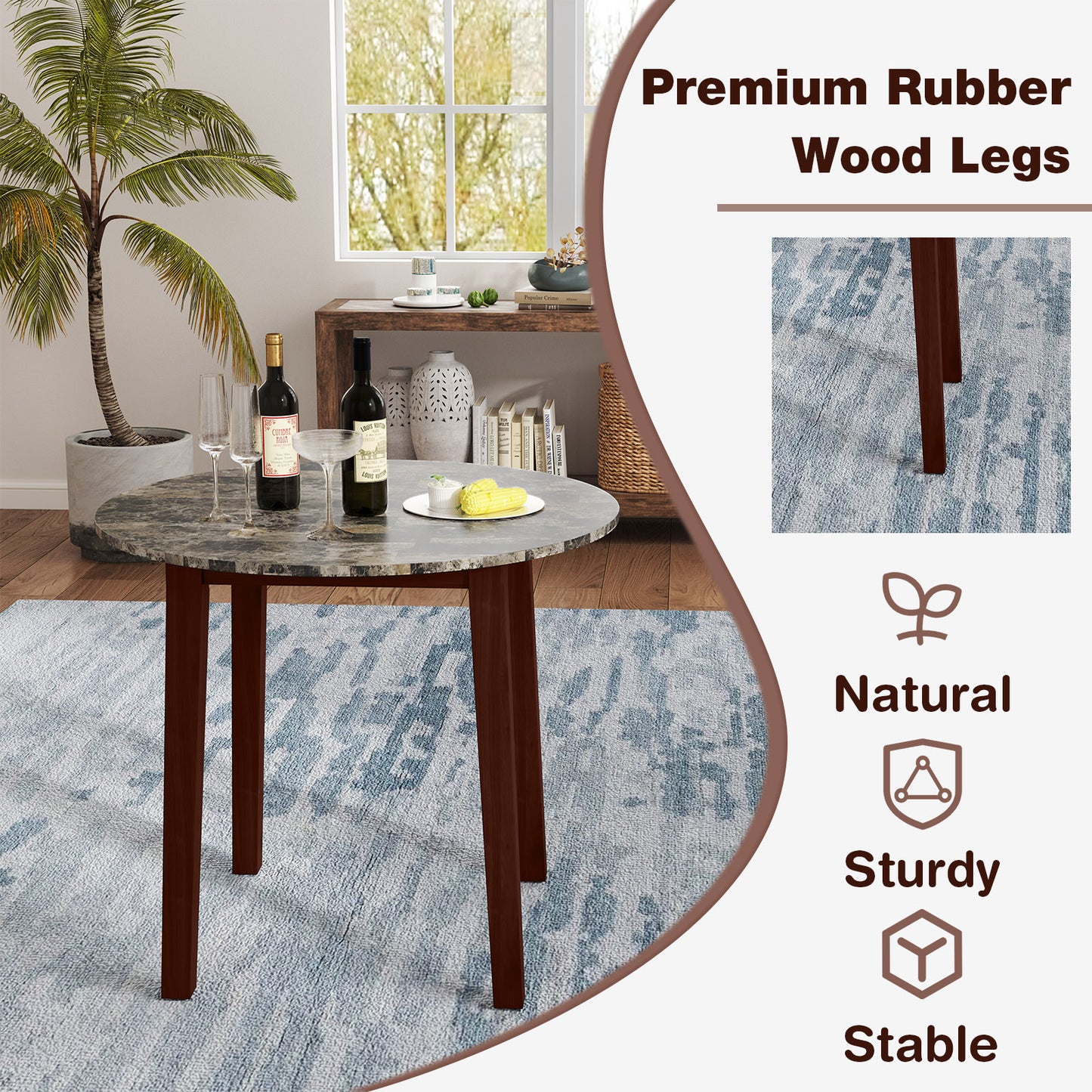 Modern 35 Inch Round Dining Table with Marble Finish Top and Solid Rubber Wood Legs in Brown