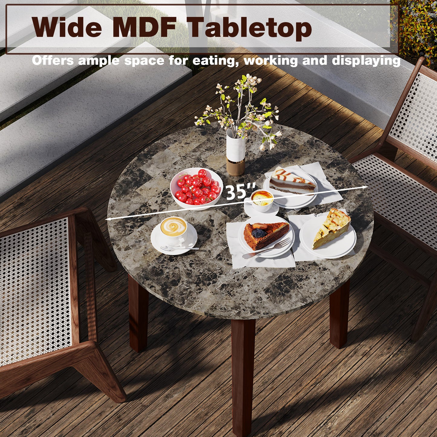 Modern 35 Inch Round Dining Table with Marble Finish Top and Solid Rubber Wood Legs in Brown