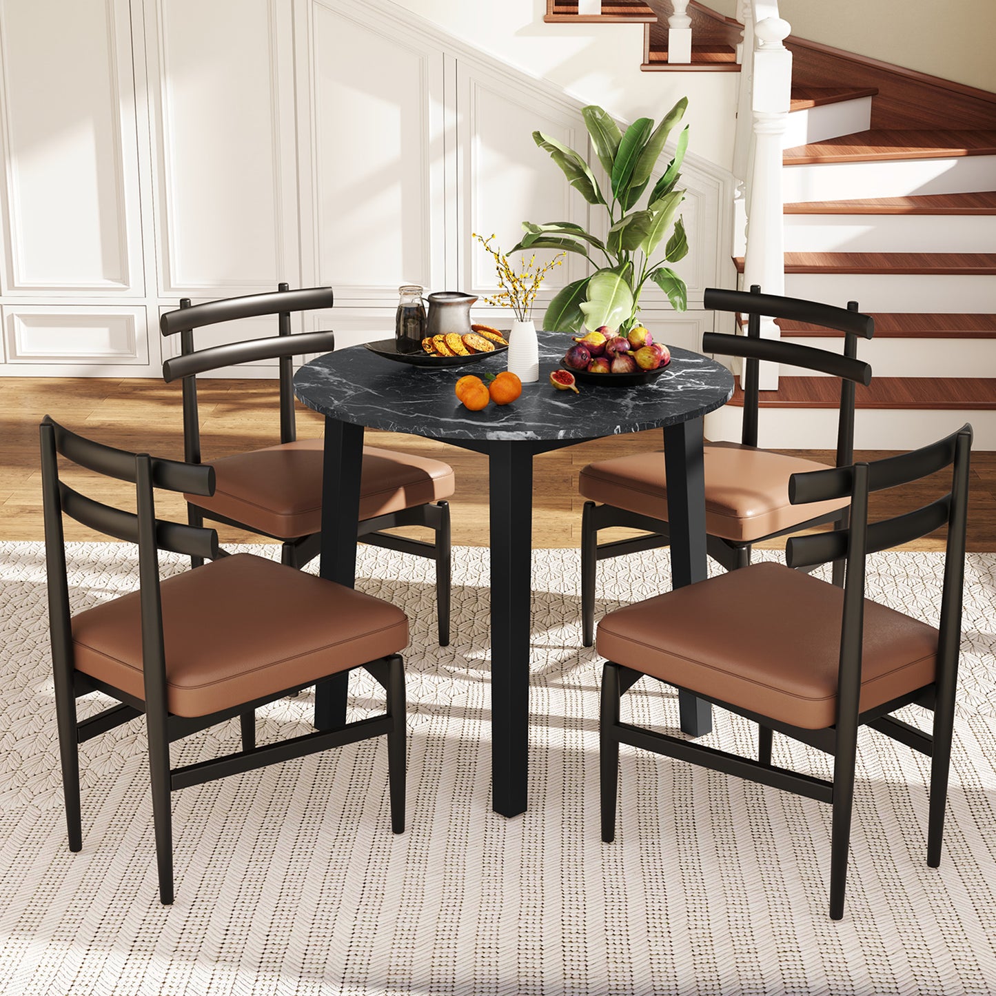 Modern 35 Inch Round Dining Table with Marble Finish Top and Solid Rubber Wood Legs in Black