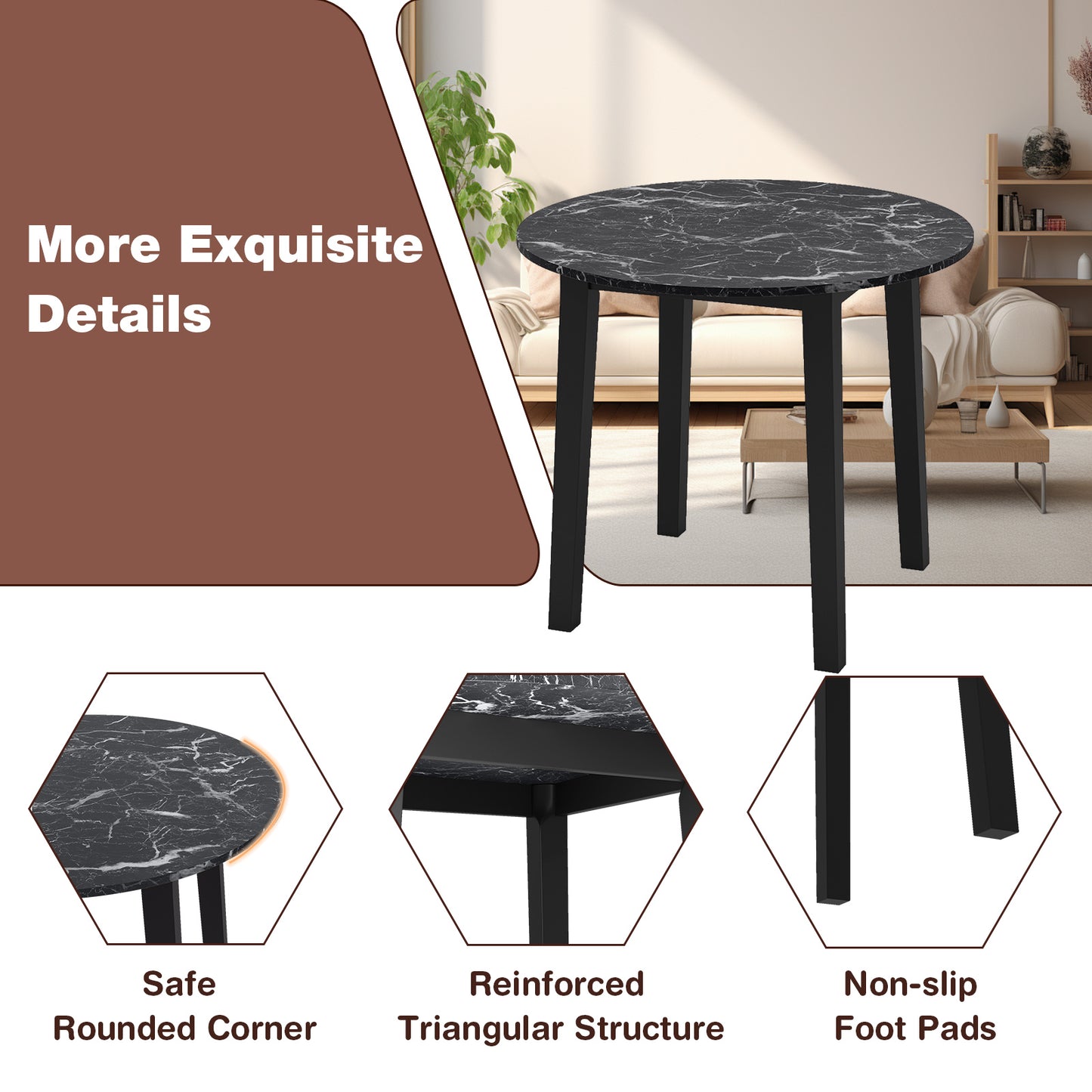 Modern 35 Inch Round Dining Table with Marble Finish Top and Solid Rubber Wood Legs in Black